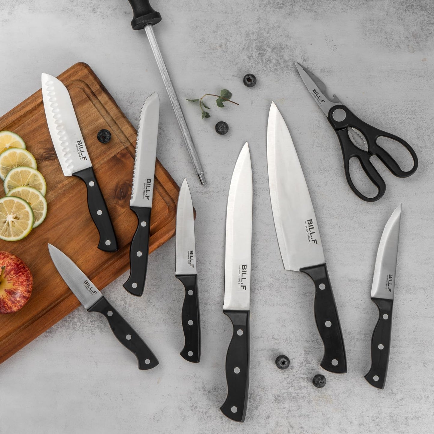 Knife Block with Kitchen Knives Set and Wood Cutting Board with Groove, Stainless Steel Knife for Kitchen Chef Knife Set and Steak Knives Set of 6 with Wood Block (16 Pieces)