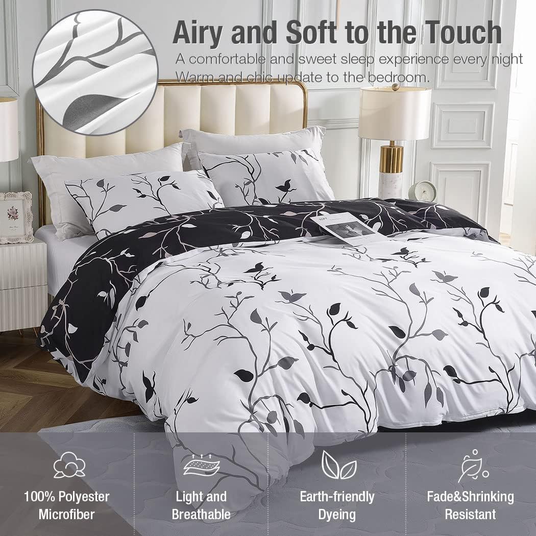 Conworld Reversible Duvet Cover King, White Black Tree Branch Pattern King Duvet Cover Set 3pc Soft Microfiber Breathable Botanical Bedding Sets with Zipper Ties