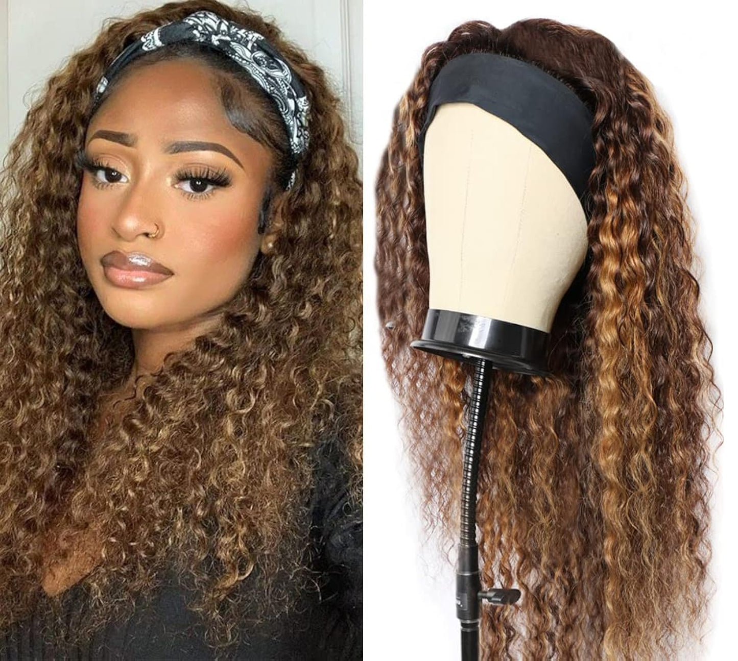XSY Headband Wig Human Hair Ombre Highlight Curly Human Hair Wigs 16 Inch Headband Wigs for Black Women None Lace Front Wigs 150% Density 4/27 Highglight Wig