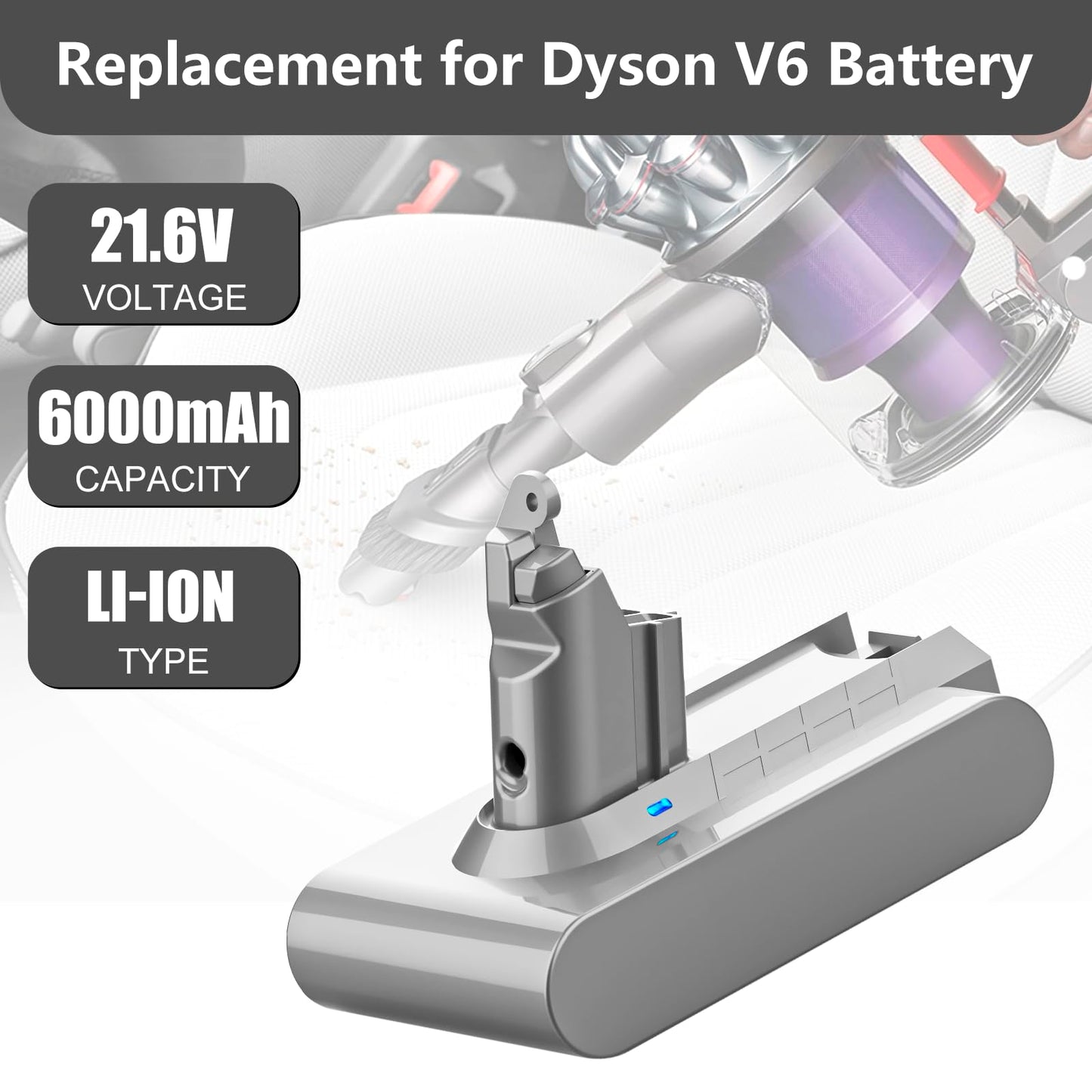 Powilling 21.6V 6.0Ah Battery for Dyson V6 Li-ion Battery 595 650 770 880 DC58 DC59 DC61 DC62 Animal DC72 Series Handheld (Include Replacements Filter)