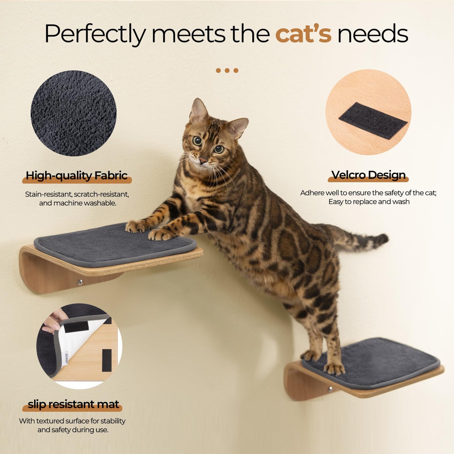 Cat Wall Shelves for Cat Wall Steps, Perch, Ladder, Wooden Floating Modern Mounted Space Saving Furniture with Scratching Cushion Removal Cover for Climbing, Jumping and Sleeping(Steps)