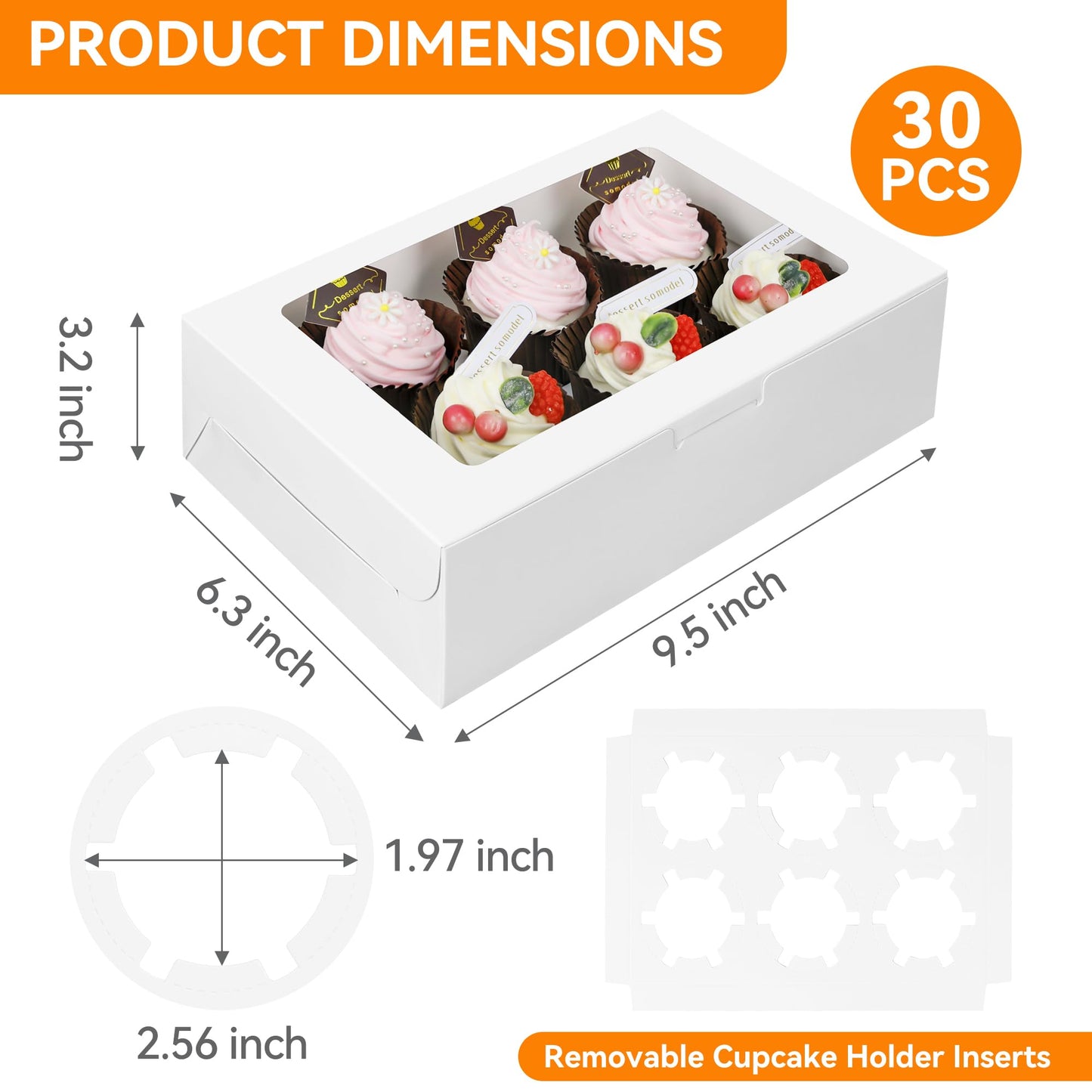 MonYouGe 30-Set Cupcake Boxes Bulk with Clear Display Window Hold 6 Standard Cupcakes, Disposable Food Grade White Cupcake Carrier Cupcake Container, Perfect for Cupcakes Muffins Cookies Pastries