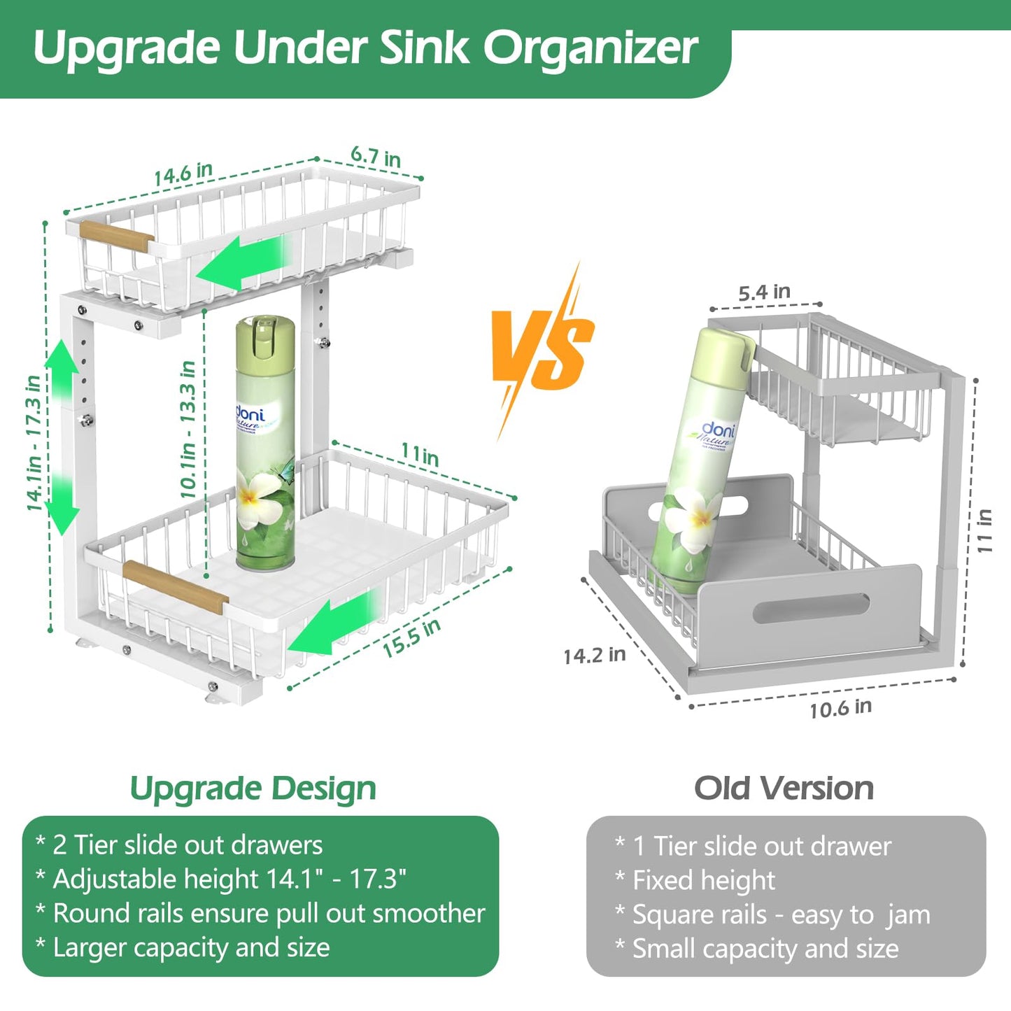 ADRIMER Under Sink Organizer, Pull Out Kitchen Organizers and Storage, 2 Tier Slide Out Bathroom Cabinet Organizers and Storage Height Adjustable Durable Metal, White