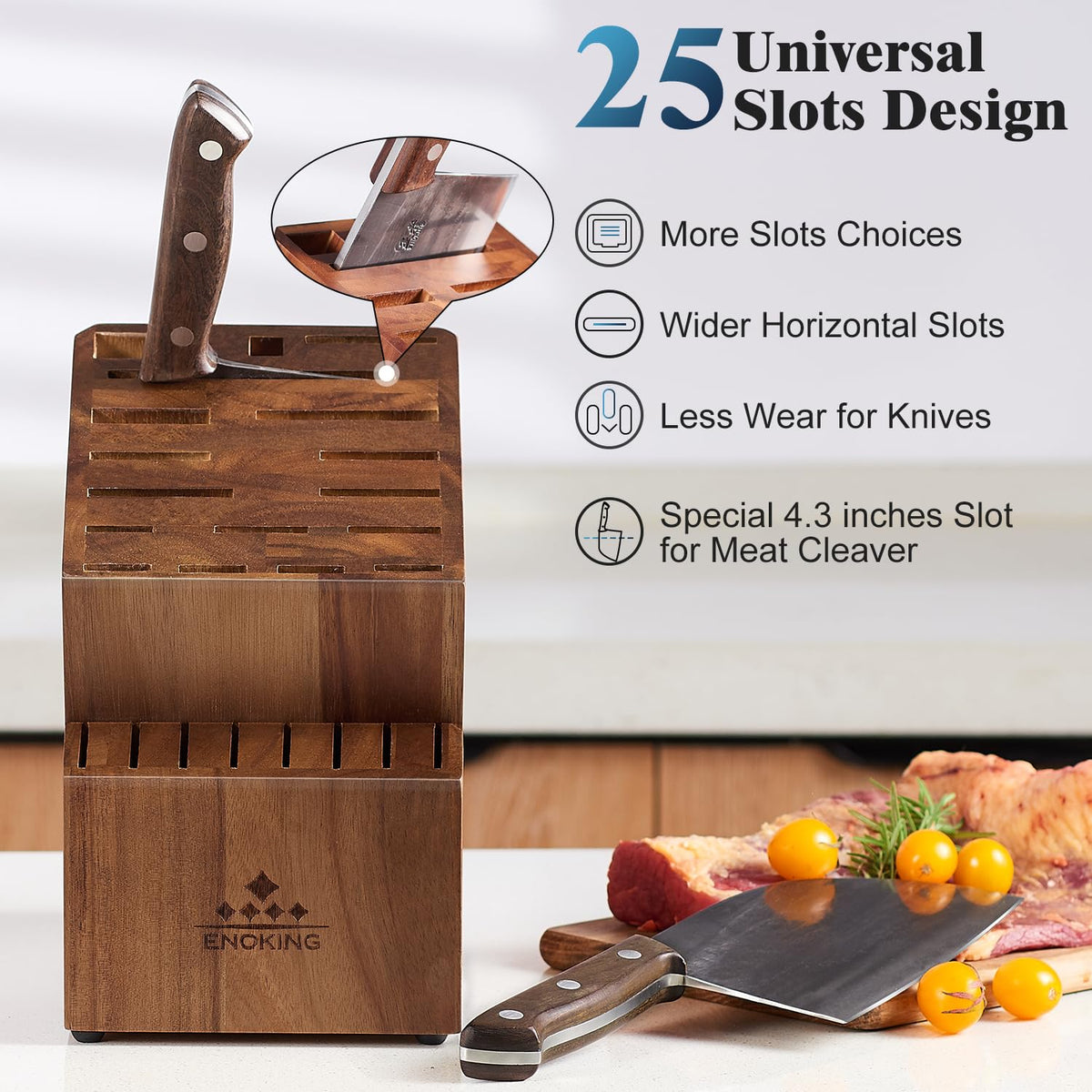 ENOKING Knife Block Without Knives, Large Knife Holder- 25 Slots Acacia Wood Universal Knife Block, Butcher Block Countertop for Knife Storage Organizer