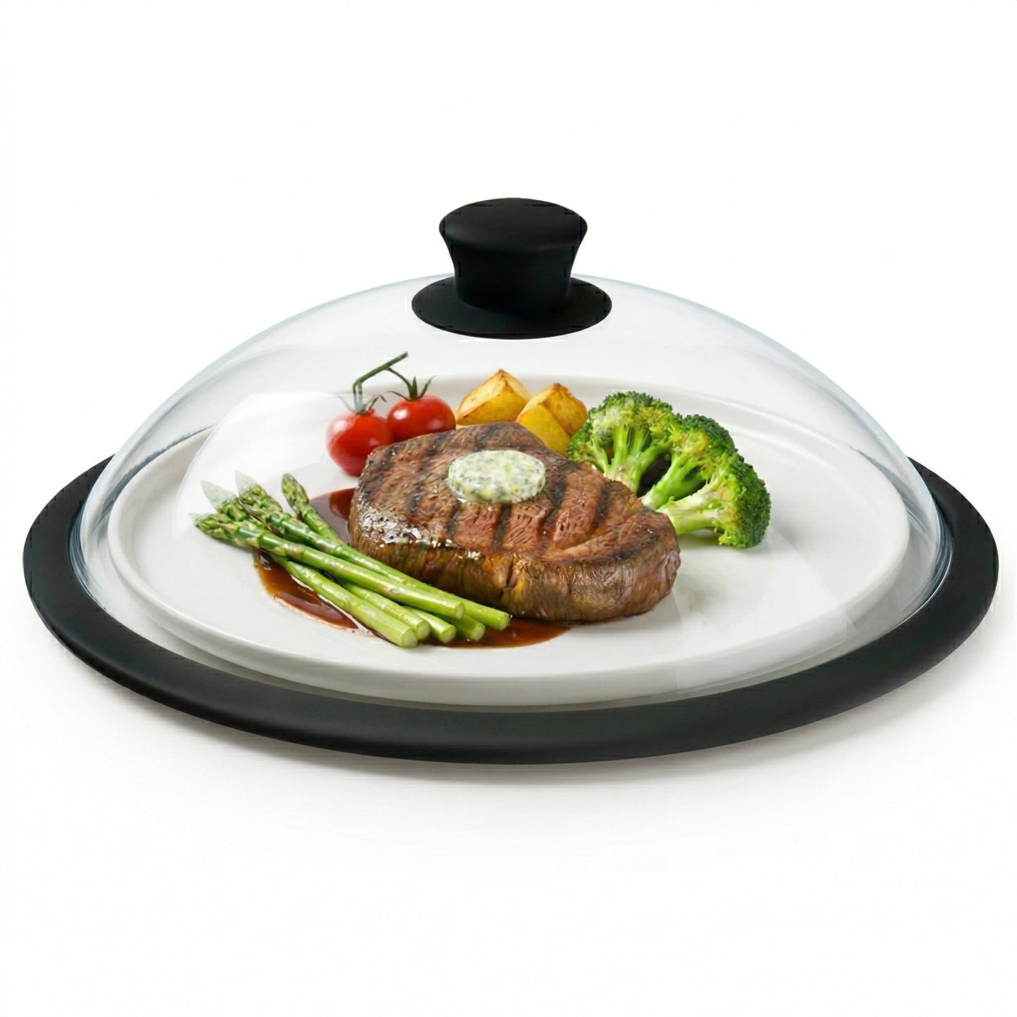 OEC Vented Splatter Guard Microwave Glass Cover for Food with Easy-Grip Handle, 12.5 inch (Inner Diameter 11.8”), Food Grade Tempered Glass, BPA Free Silicone Rim with Steam Vent - Dishwasher Safe