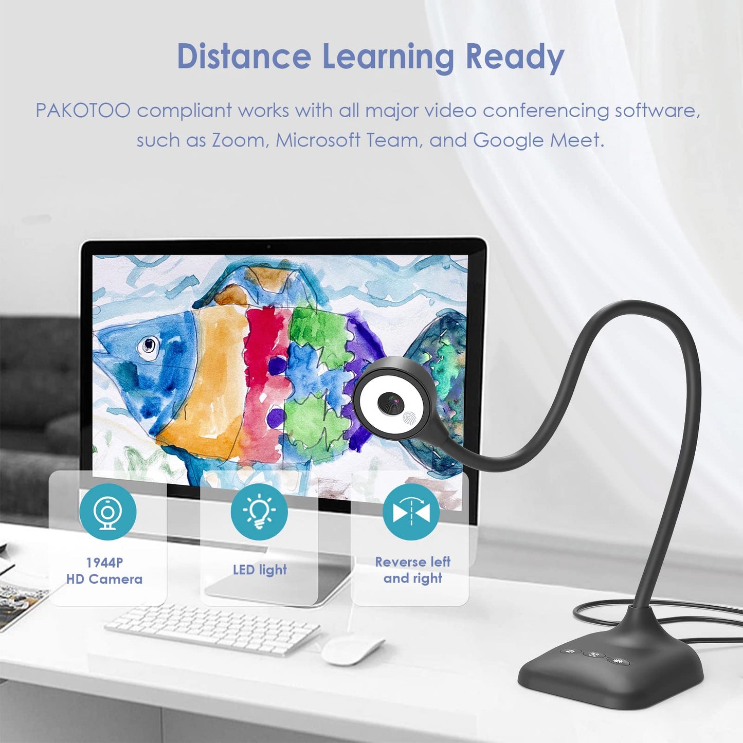PAKOTOO USB Document Camera, Doc Camera for Teachers, Webcam for Classroom with A3 Format, 3-Level LED Lights, Image Invert, Fold, Dual Mic for Mac OS, Windows, Zoom, OBS Work with Distance Learning