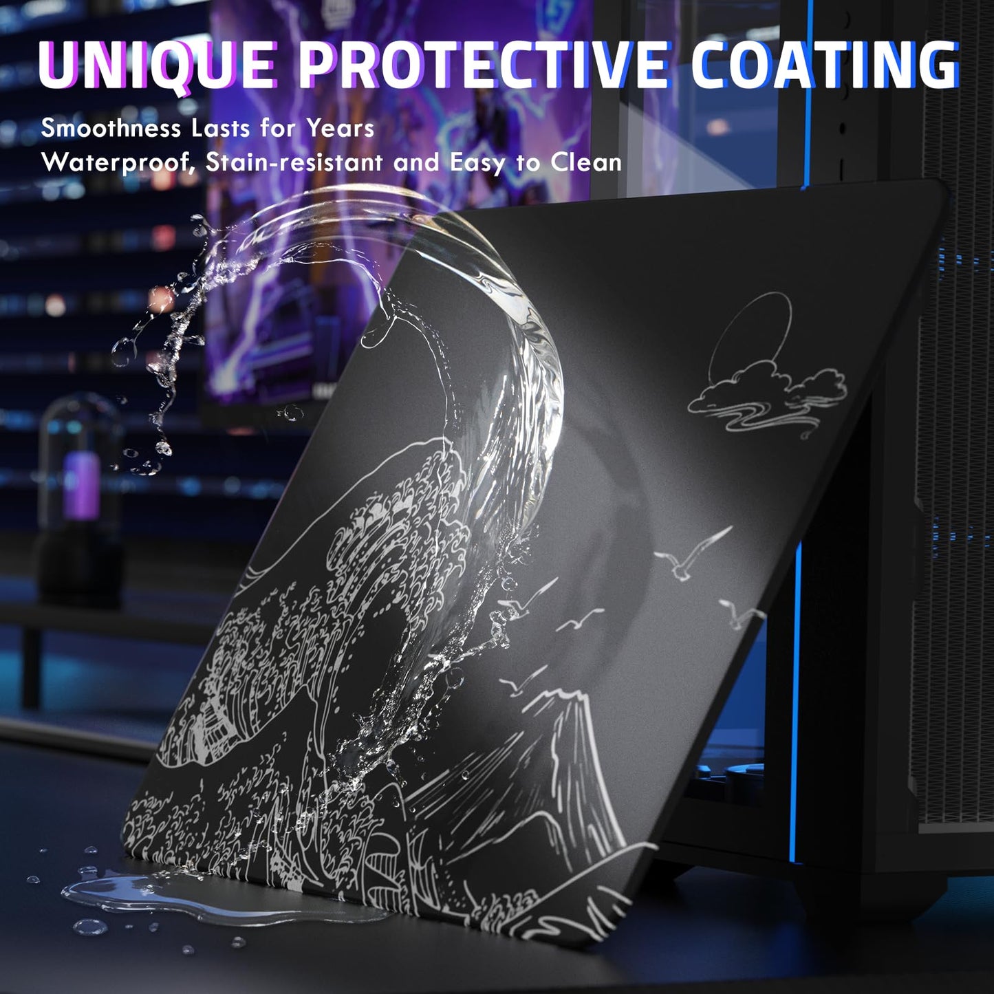 ATTACK SHARK CM05SE Glass Gaming Mouse Pad, 16.14x12.20x0.2in Mouse Mat, Non Slip 9H Hard Mousepads, Nano-Textured Glass Surface with Improved Precision and Speed for FPS Players-Black Wave