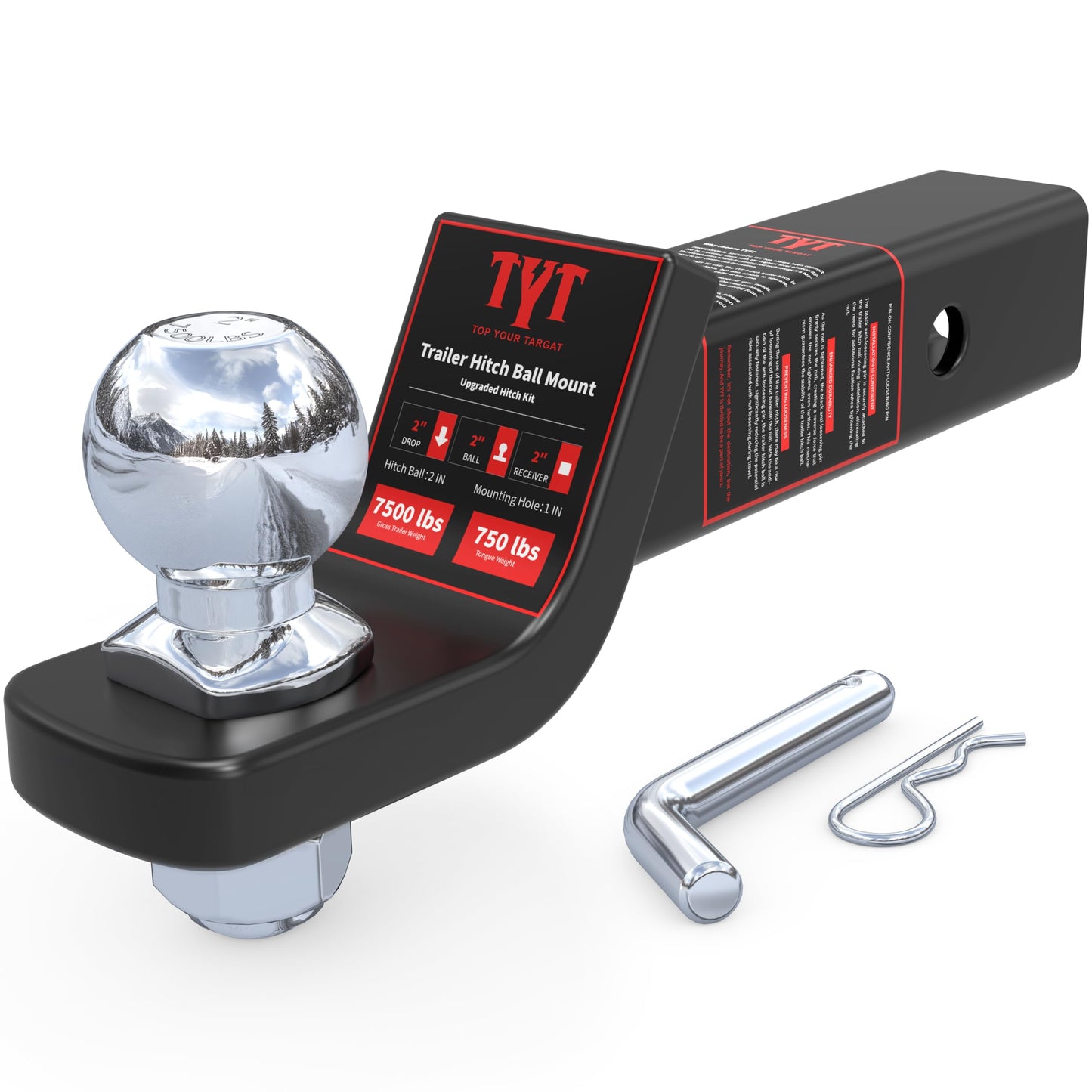 TYT Trailer Hitch Ball Mount with 2 Inch Ball & Pin, Fits 2 Inch Receiver, 7500lbs, 2 Inch Drop, Upgraded Hitch Kit Black with Anti-Rattle Pin