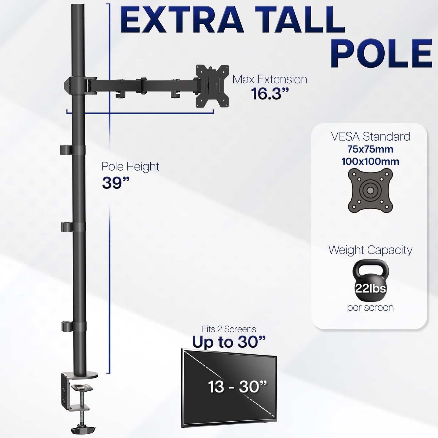 VIVO Extra Tall Single Monitor Desk Mount Stand with 39 inch Pole. Features Full Adjustability - Tilt and Articulation, Holds 13 to 32 inch Screens up to 22 lbs with VESA Mounting, Black, STAND-V011