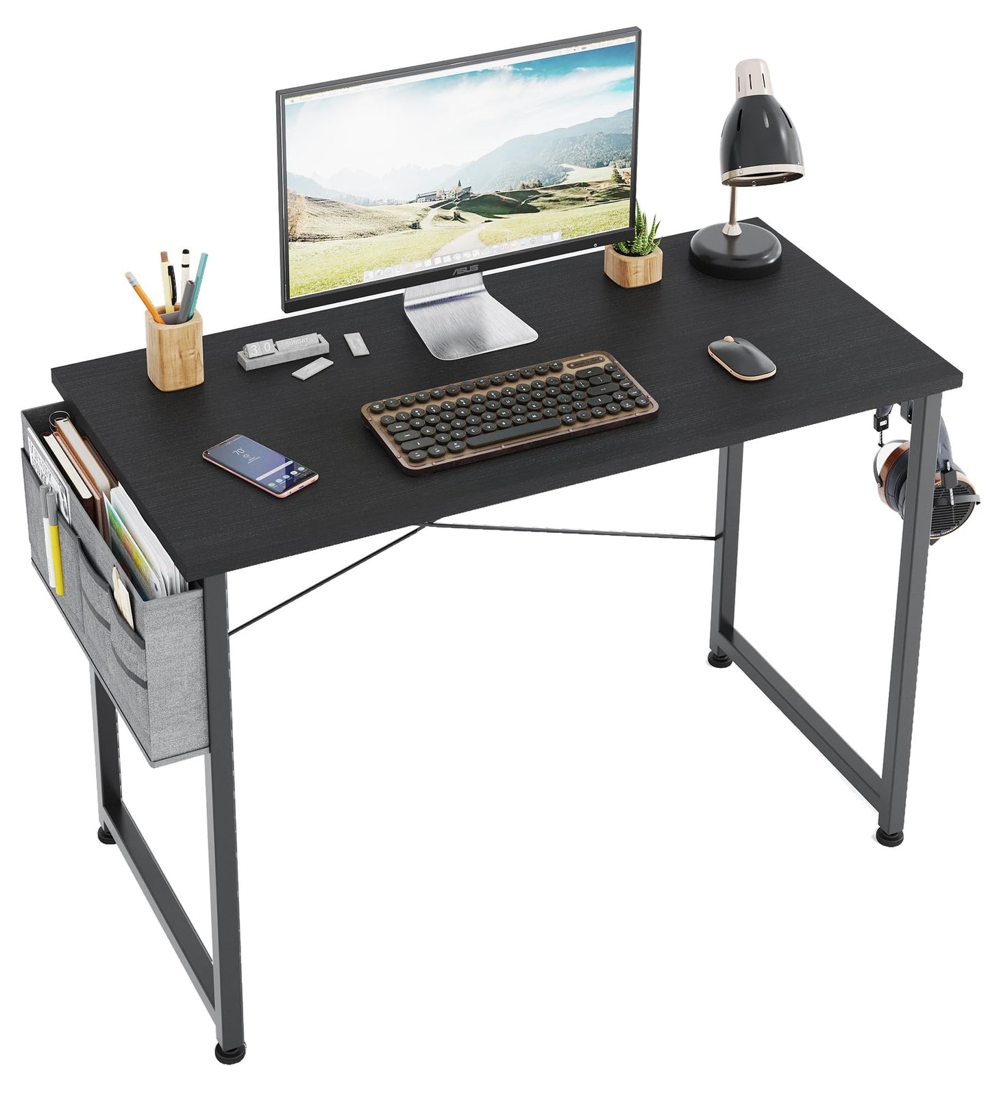 COTUBLR 39 Inch Computer Desk, Home Office Desk, Simple Modern Small Desk for Bedroom, Writing Desk with Storage Bag, Study Table for Students, Black