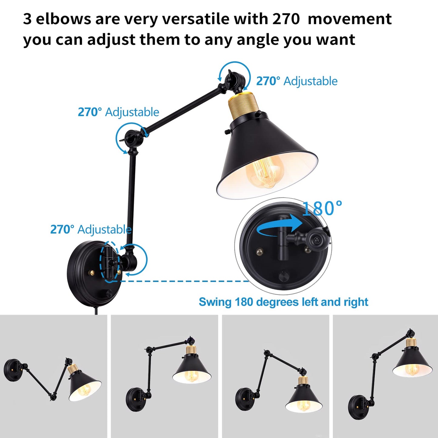 TRLIFE Wall Sconce Plug in, Dimmable Wall Sconce with Switch Swing Arm Wall Lights Plug in Wall Mounted Light with 6FT Plug in Cord(Two Arms, 1 Pack)
