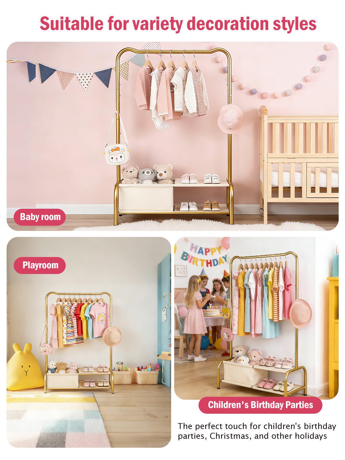 Kids Clothing Rack with Storage Shelf - Portable Kids Dress Up Rack for Baby Clothes, Costumes - Heavy Duty Toddler Garment Organizer, Closet for Kids Room, Girl Gift Idea -Gold