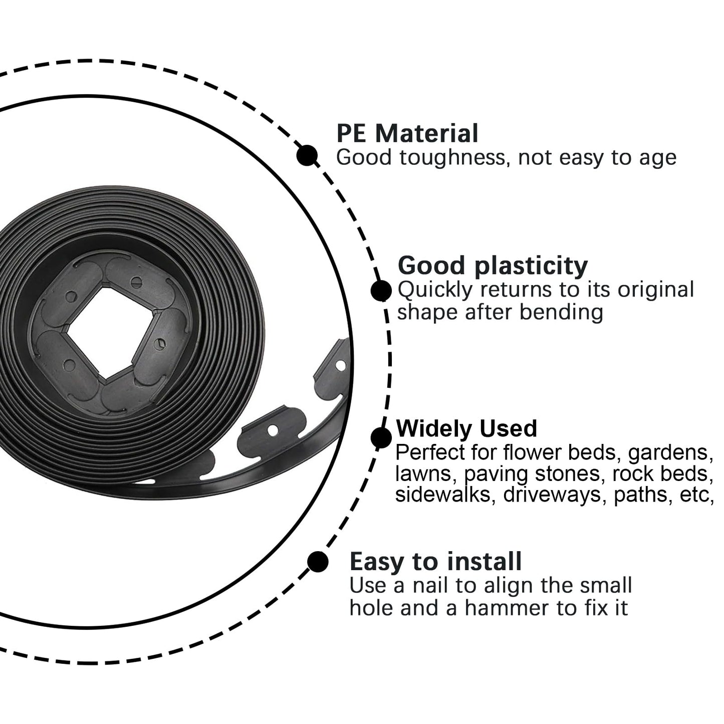 Garden Edging 33FT, 2IN Tall Landscape Edging Borders, Flexible Lawn Edging Kit Plastic Garden Edge Roll with 30pcs Spikes for Flower Beds Surrounds, Paver Edging, Grass, Yard, Black