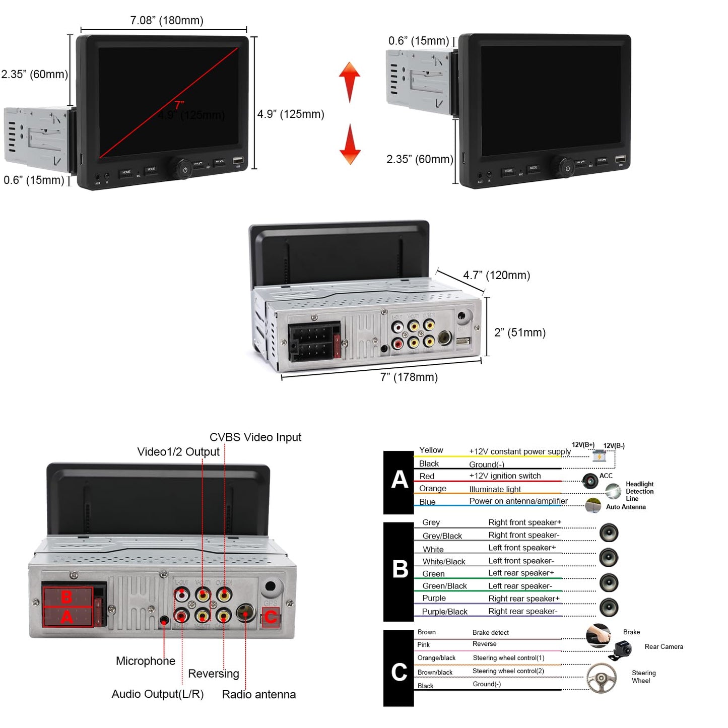 Alondy Single Din Car Stereo Touchscreen (7" Adjustable) Compatible with Apple CarPlay [Wireless] Android Auto Car Radio Bluetooth Type-C USB (3A Fast Charge) Backup Camera