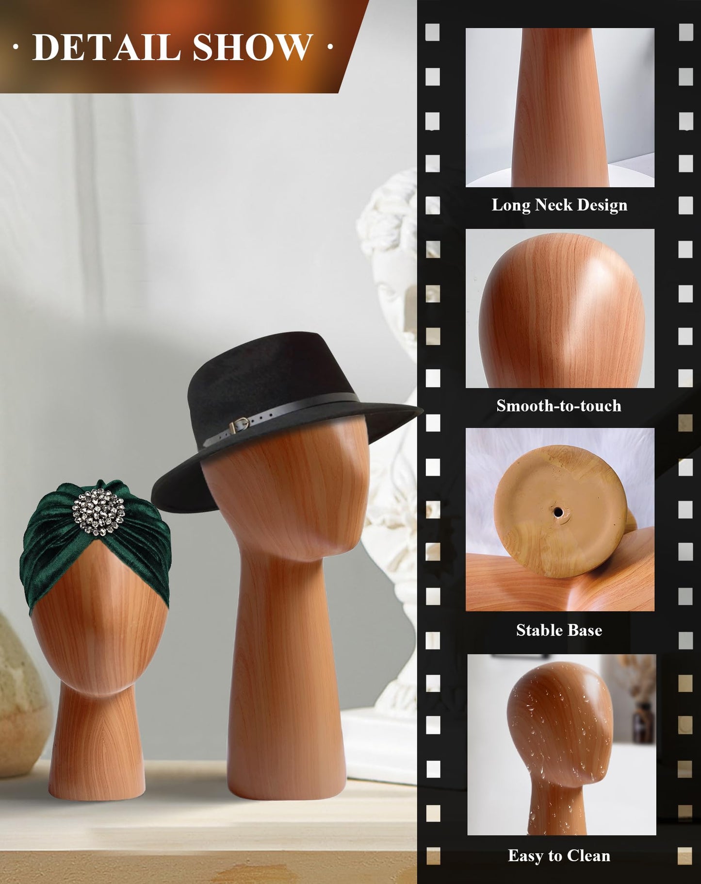 CHADWICK Mannequin Head Block, Hat and Wig Display Stand, Imitation Wooden Wig Head Stand, Abstract Dome Model Head, Manikin Head Hat Holder for Shop, Hair Salon, Home Decor, Durable GFRP Material