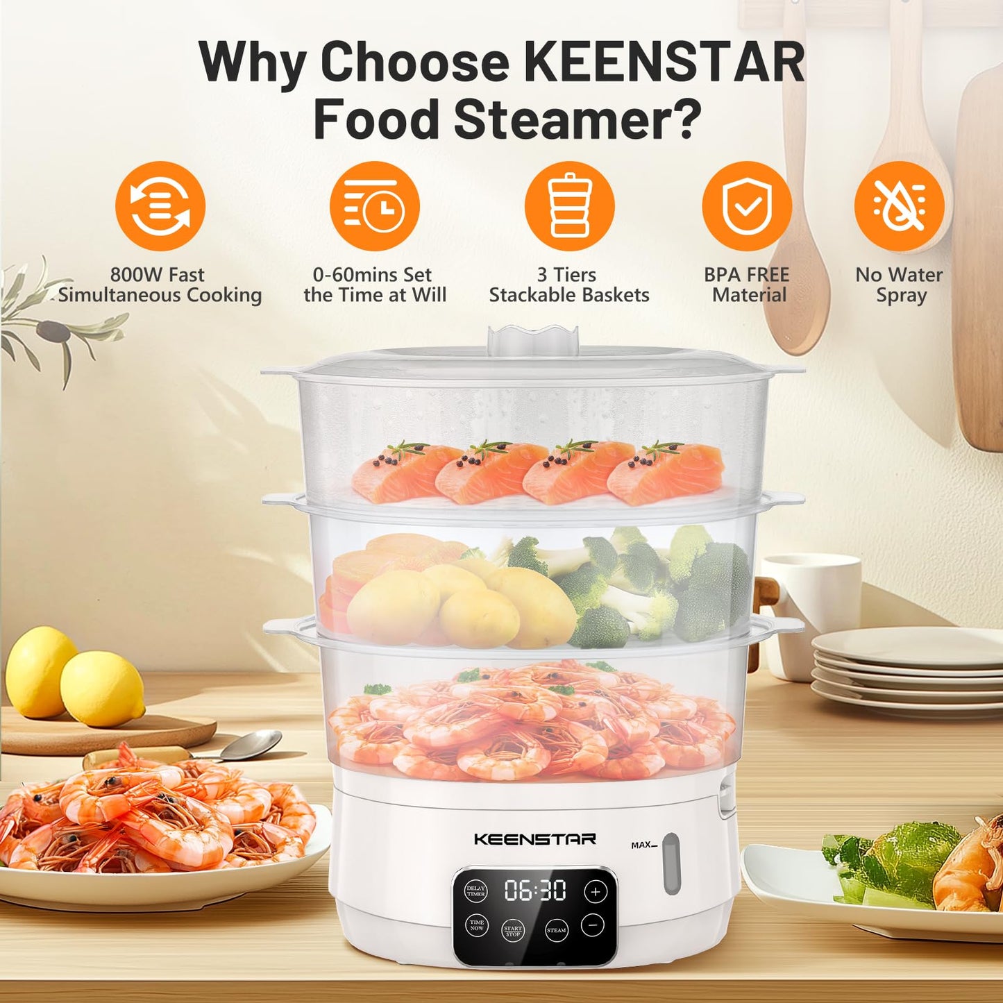 Electric Food Steamer, 13.7QT Vegetable Steamer with 3 Tiers BPA-Free Baskets, Digital Steamer with Appointment and Timer, 800W Simultaneous Cooking, Ideal for Veggies Seafood Rice White