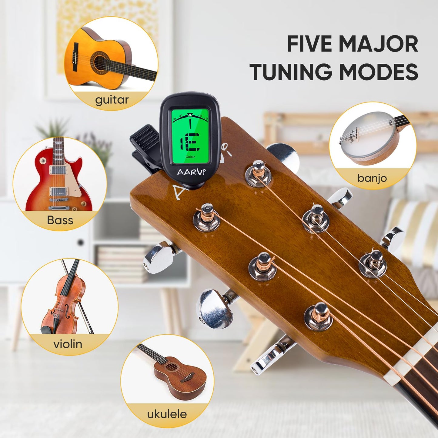 Clip On Guitar Tuner 5 Pack for All Instruments, Acoustic/Electric Guitar, Ukulele, Bass, Violin, Banjo, Large Clear LCD Display for Guitar Tuner, Chromatic Tuner, 20 Pack Guitar Picks Included
