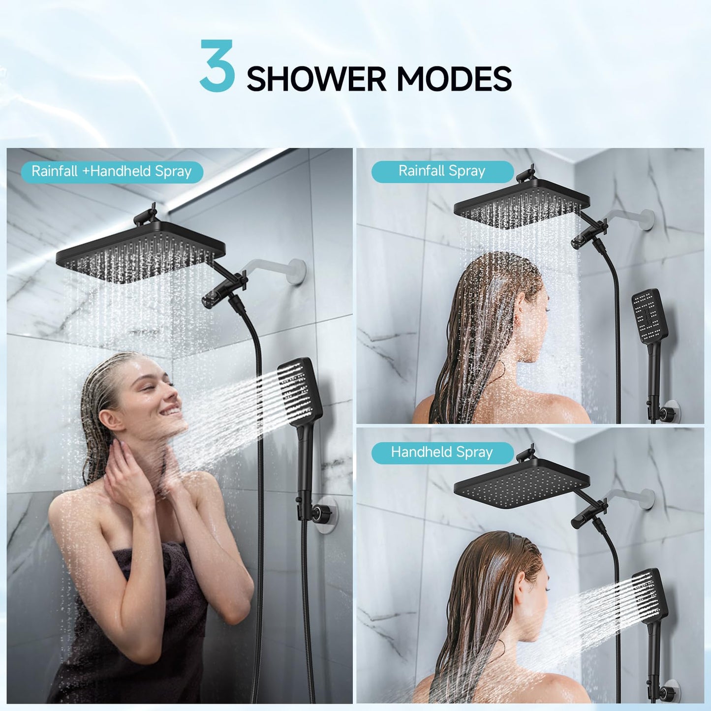 High Pressure Rain Shower Head with Handheld Spray Combo Set, Adjustable 12" Rainfall Dual Shower Head, Double&Tandem Shower Head, Waterfall Showerhead Bathroom -Matte Black