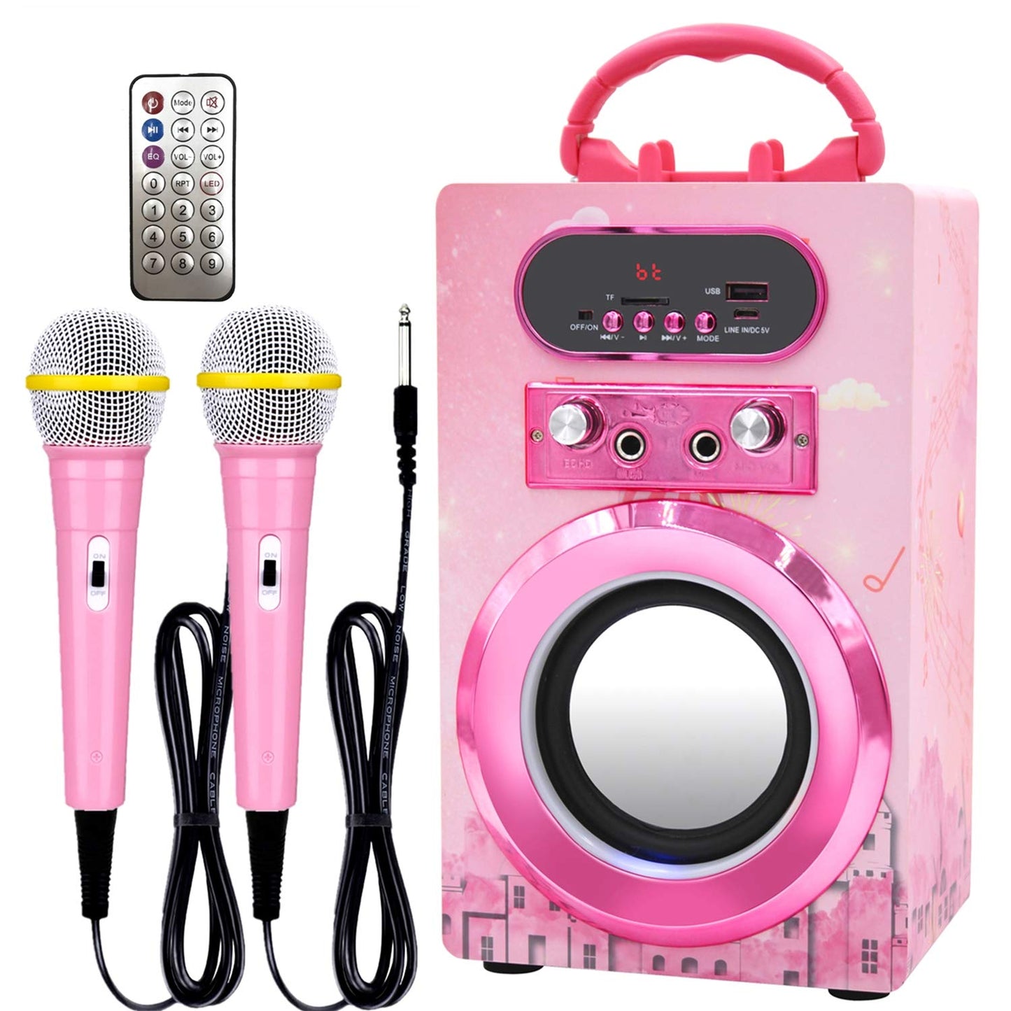 IndeCool Kids Bluetooth Karaoke Speaker with 2 Microphones, Remote Control Speaker Portable Karaoke Machine for Kids Adult Party Gift (Pink)