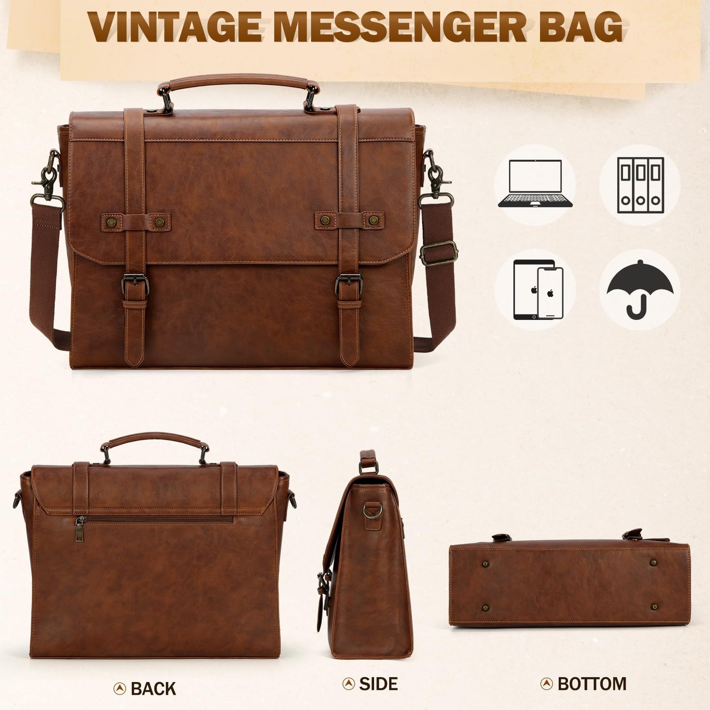 Messenger Bag Men 17 Inch Laptop Bag Vintage PU Leather Computer Briefcase Waterproof Satchel Bag Retro Shoulder Bag for Office Work Business Travel College,Brown