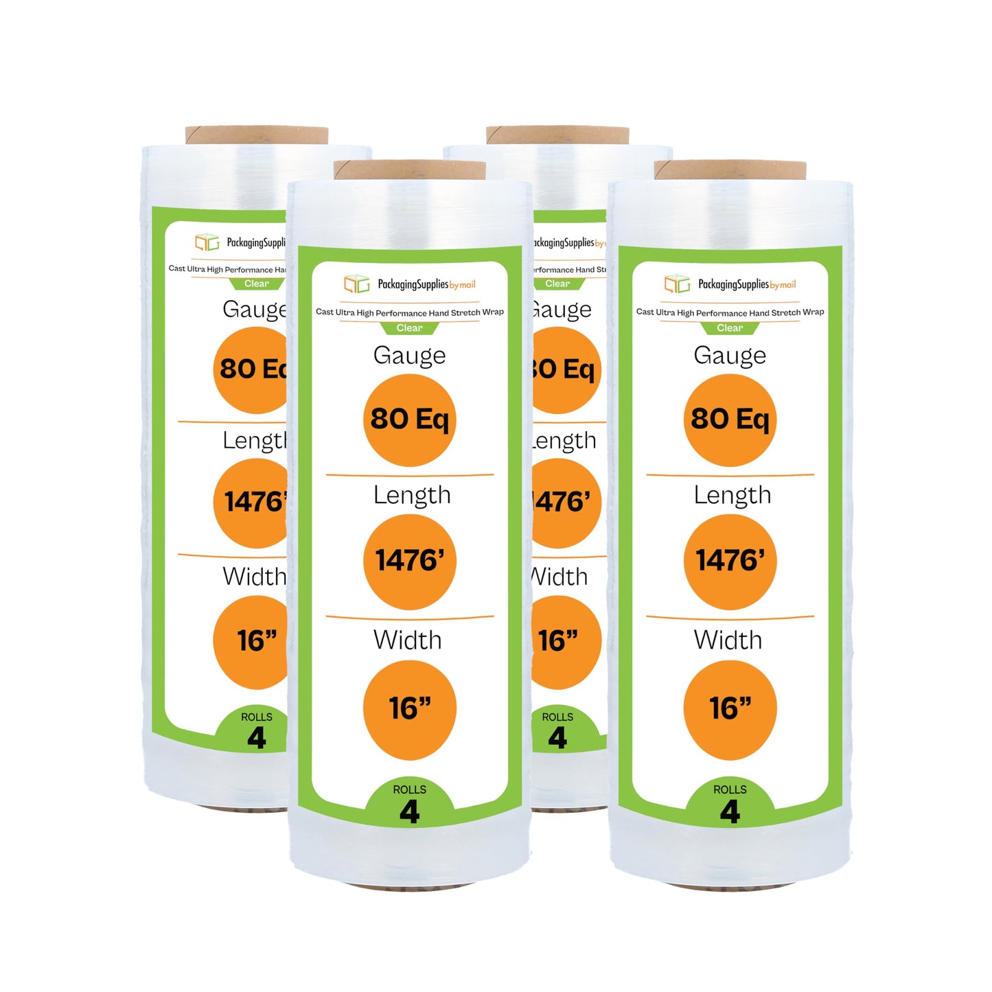 PSBM Hand Stretch Film/Wrap, 4 Rolls 16 Inch x 1476 Feet 80 Gauge Equivalent Ultra High Performance Industrial Strength Clear Shrink/Plastic Wrap for Moving, Shipping, Storing & Packing