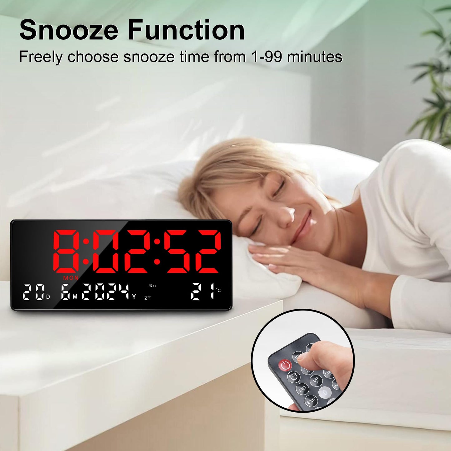 Lafocuse Large Digital Wall Clock 15.5 Inch LED Display, Red Digital Clock Powered by Cord with Remote Control, 2 Alarms, Date, Week, Temperature, Modern Electronic Clock for Living Room Bedroom