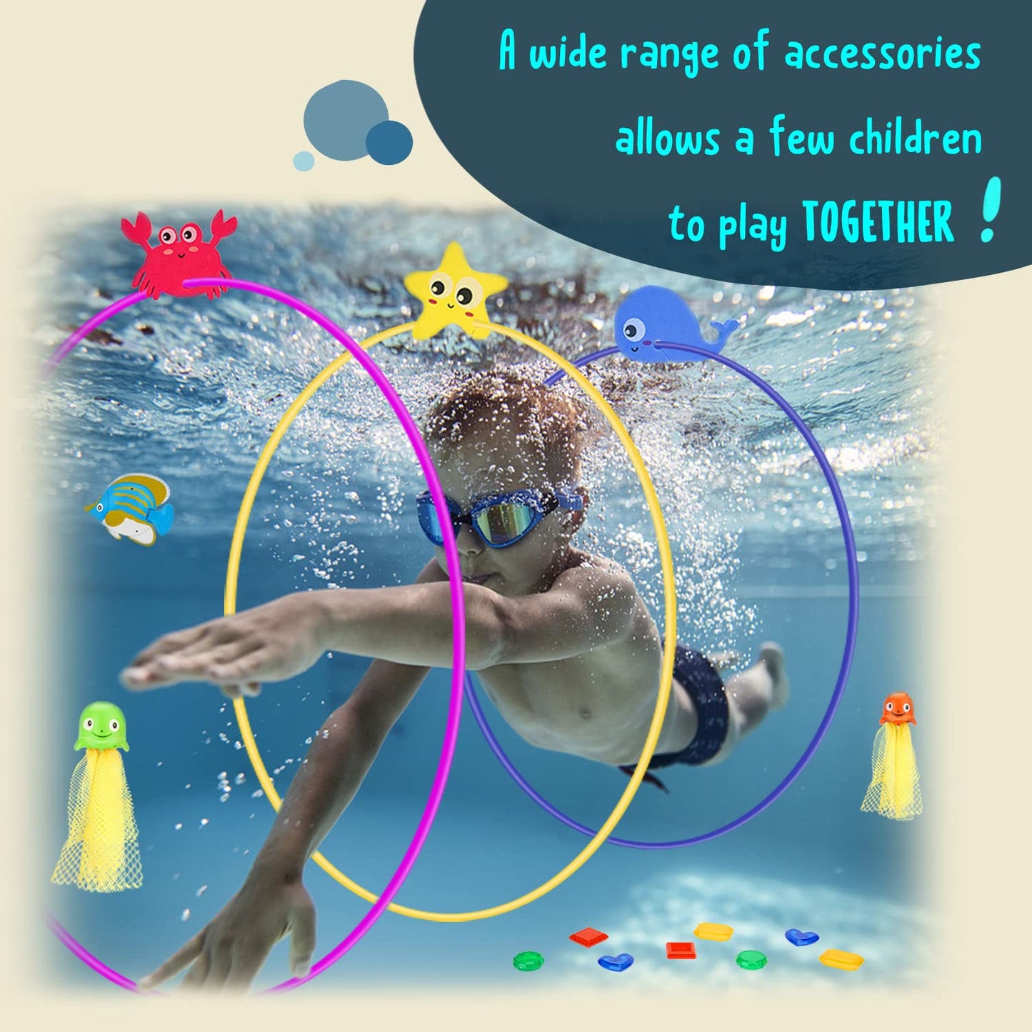 DAUXONE Diving Toys,27 Pcs Pool Toys with Diving Swim Thru Rings for Kids Age 3-12,Dive Sticks,Diving Rings,Diving Gem,Diving Octopus,Pool Torpedo Mesh Bag Include