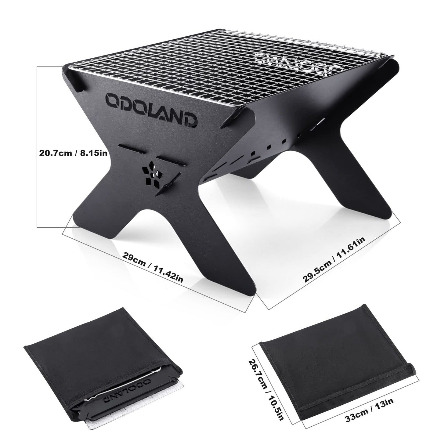 Odoland Camping Fire Pit, Portable Fire Pit for Camping, 2 in 1 Wood Burning Fire Grill with Detachable Cooking Grate for Outside BBQ, with Carry Bag