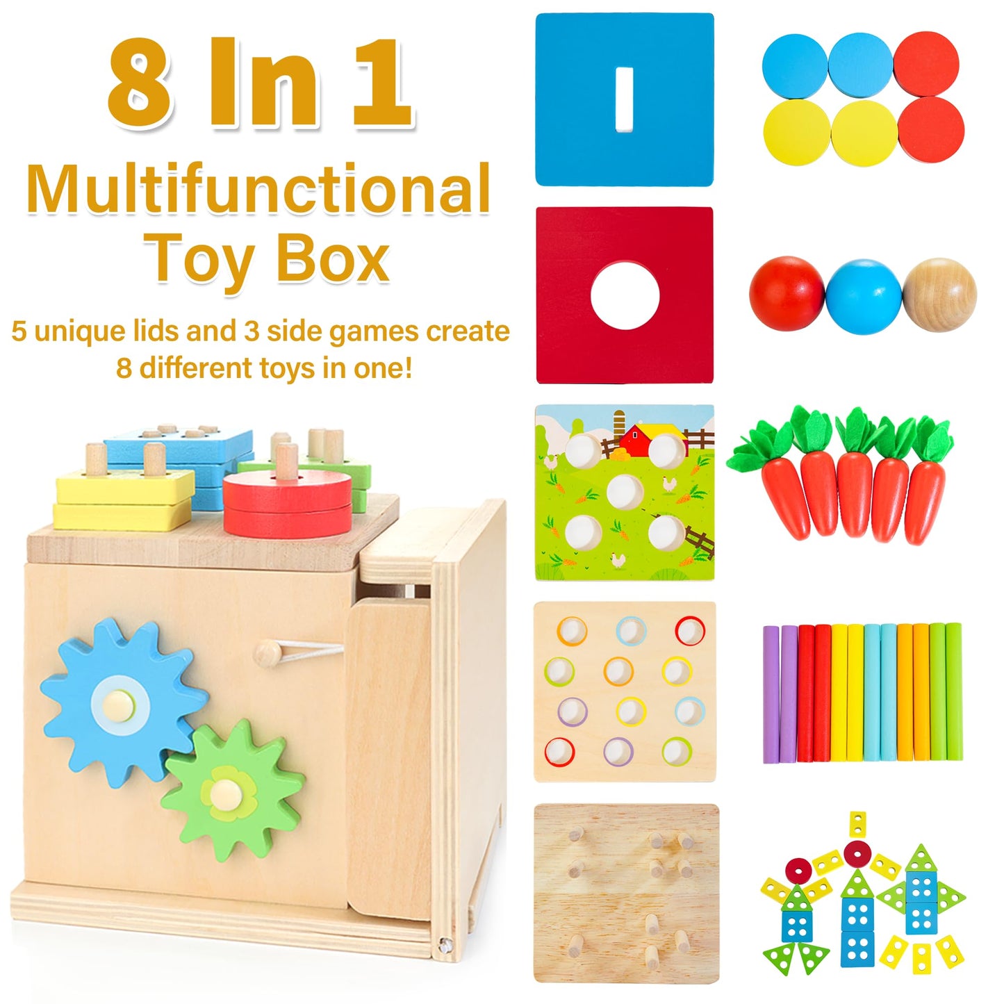 Kizfarm Educational Montessori Toys for 1 2 Year Old, Include Object Permanence Box, Magnetic Worm Game, Carrot Harvest Toy, Coin Drop Toy, Developmental Montessori Toys for Babies