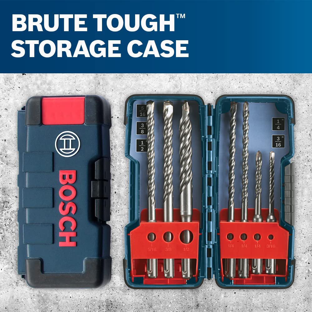 BOSCH 7 Piece Carbide-Tipped SDS-Plus Rotary Hammer Drill Bit Set with Storage Case HCK001, Gray