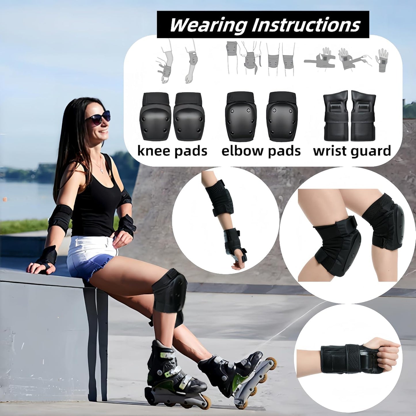 Adult Knee Pads and Elbow Pads Set with Wrist Guards, 6 in 1 Protective Gear for Skateboarding, Roller Skating, Inline Skating, Scooter, BMX, Adjustable Pads for Men Women(Black, X-Large)