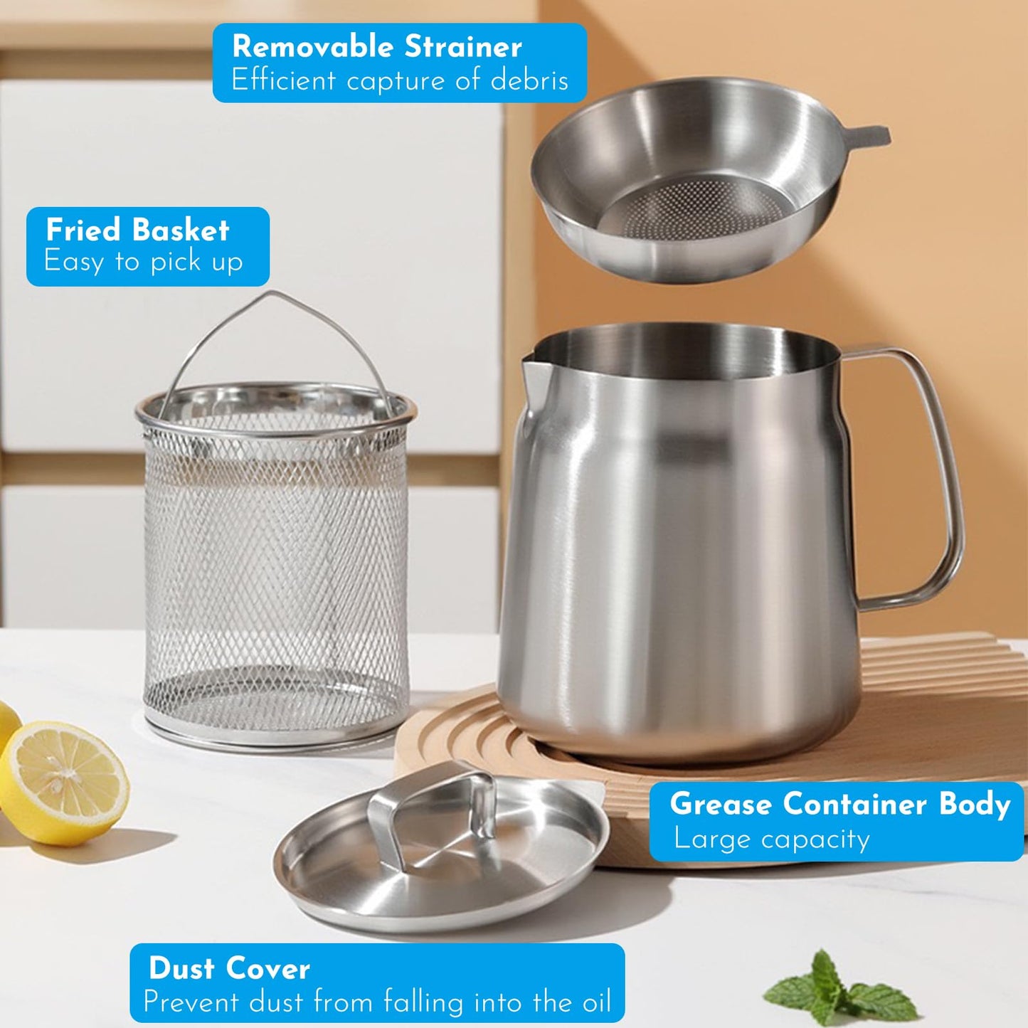 HOMKULA 2-in-1 304 Stainless Steel Multifunctional Oil Strainer Pot, Food Strainer, Large Capacity Oil Filter Pot, Bacon Grease Container with Deep Fryer Basket(2.1L)