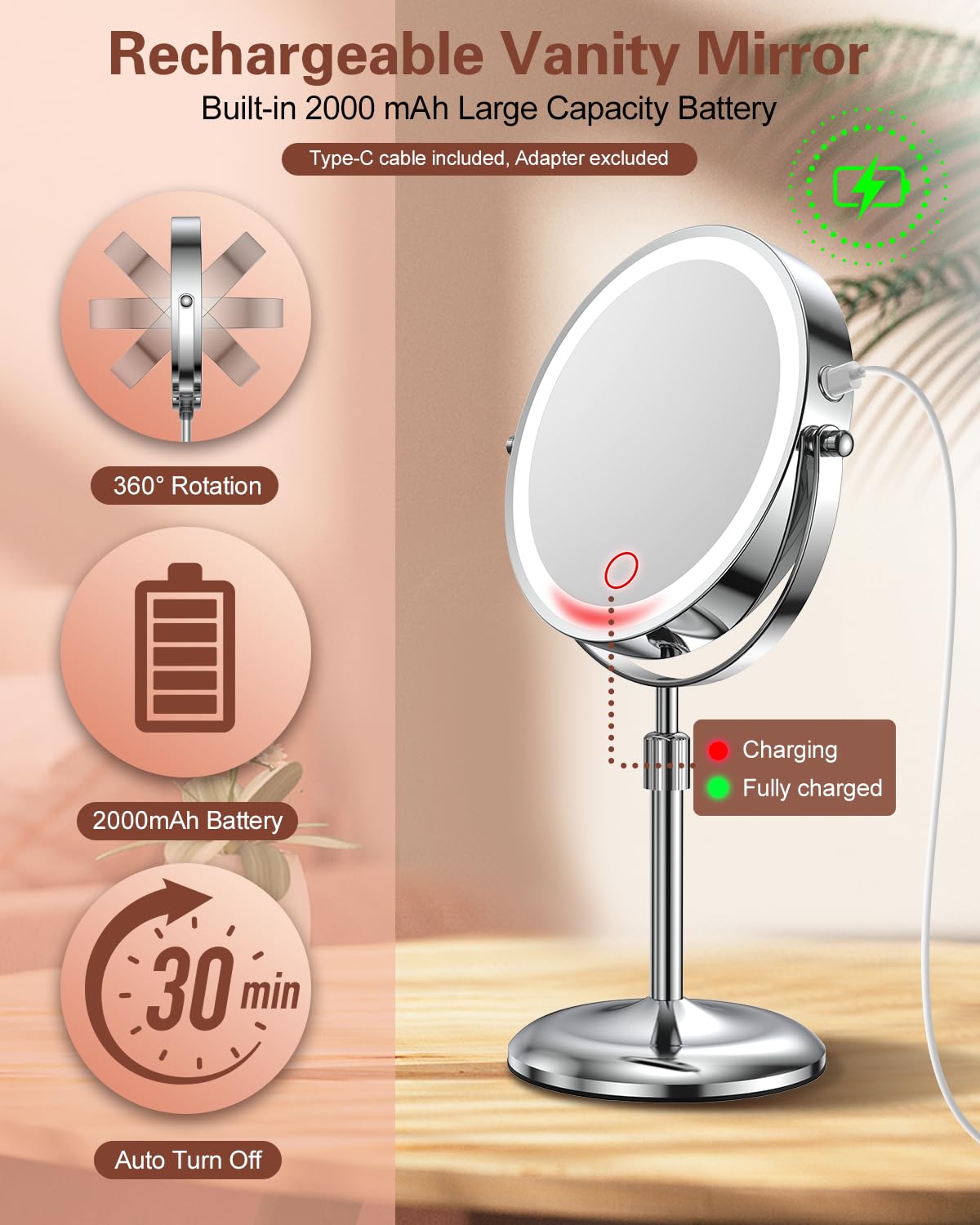 Benbilry Lighted Makeup Mirror with 10X Magnification & 3 Color Lights, Adjustable Brightness & Height, 7 Inch 360° Swivel Rechargeable LED Magnifying Make Up Mirror with Lighting (Silver)
