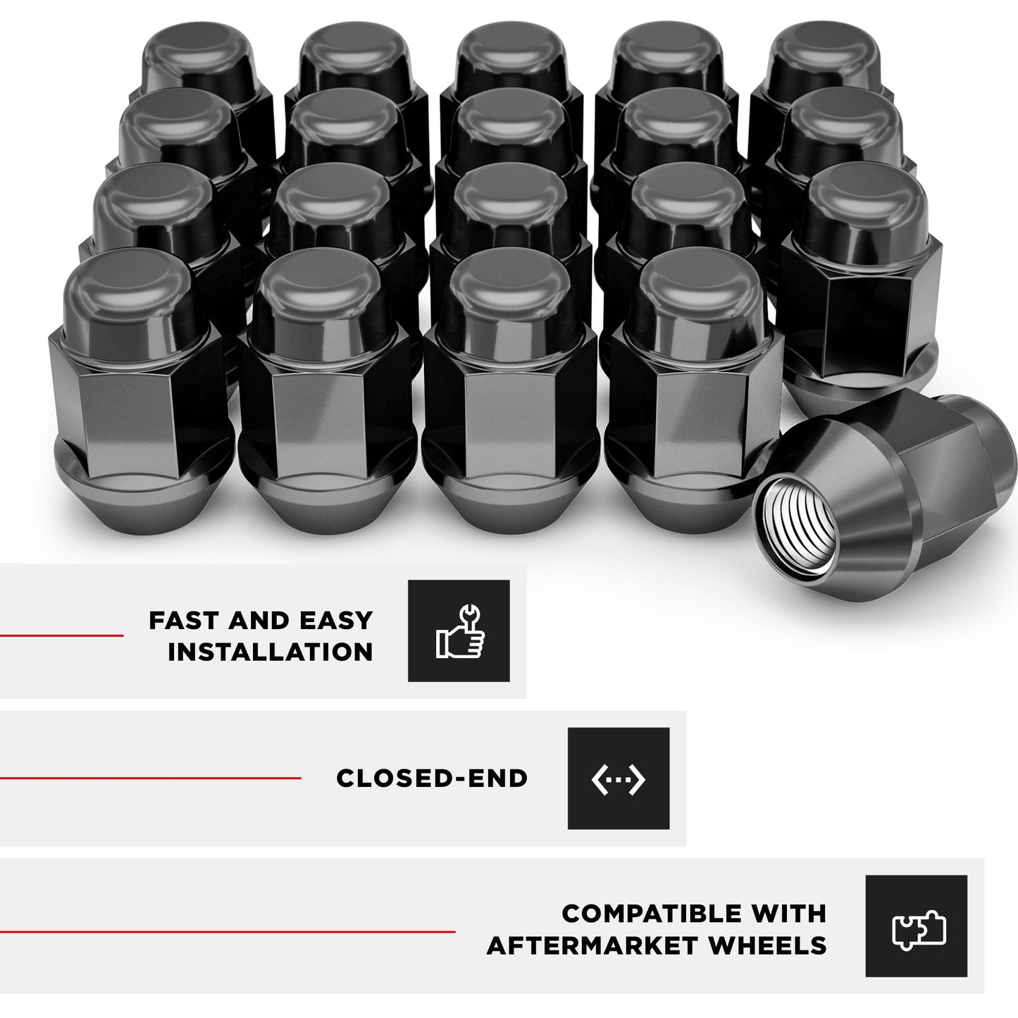 White Knight 1706SBK-20AM (Black Chrome) M12x1.25 Bulge Acorn Lug Nut, 20 Pack