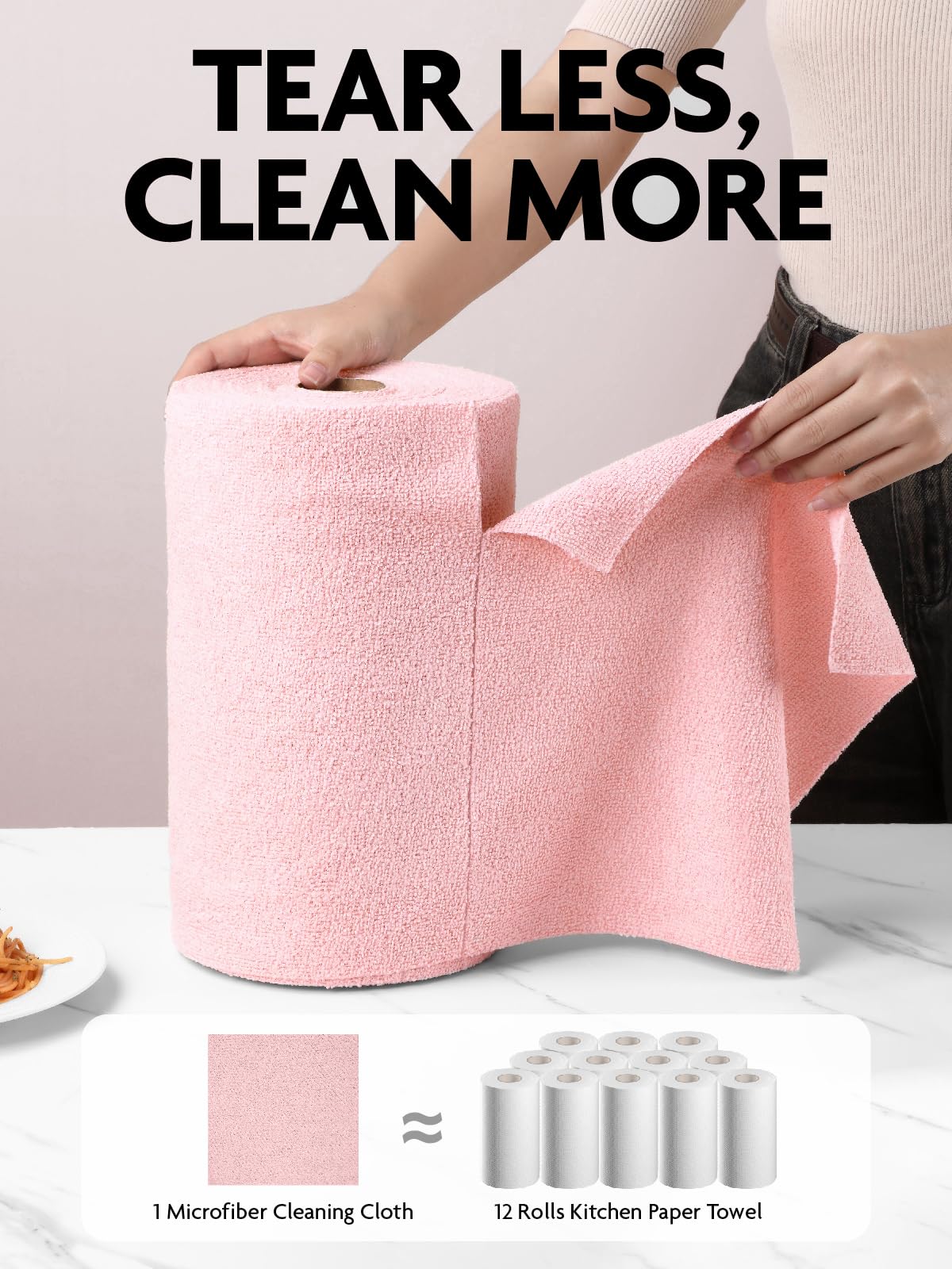 Fantasticlean Microfiber Cleaning Cloth Roll -75 Sheets, Tear Away Microfiber Towels, 30x30cm, Reusable, Washable, Scratch Free, Ultra Absorbent Dish Rags for Car, Home, Garage or Shop (Pink)