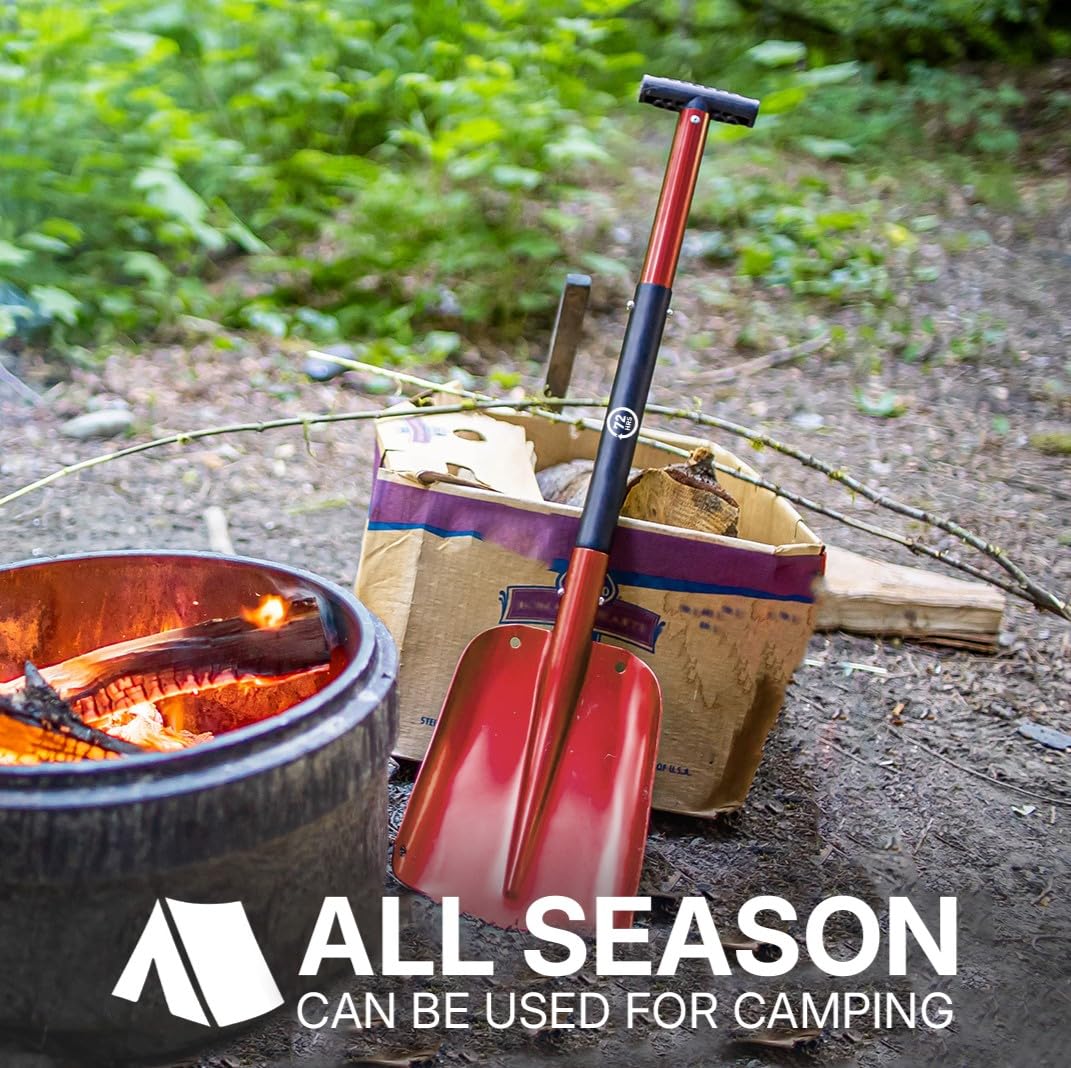 72HRS Collapsible 3-in-1 Aluminum Compact Snow Shovel - Snow Removal in Winter, Emergency Kit for Vehicle, Car, Van, SUV, Truck, Snowmobile, Snowboard Gear, Camping, Gardening (Red, 21”-32”)