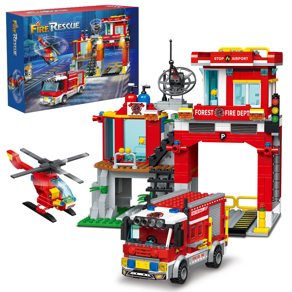 City Fire Rescue Building Set with Fire Station, Truck & Helicopter,737pcs Toy Gift for Boys 8+