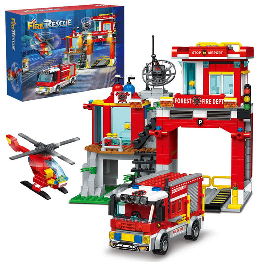 City Fire Rescue Building Set with Fire Station, Truck & Helicopter,737pcs Toy Gift for Boys 8+
