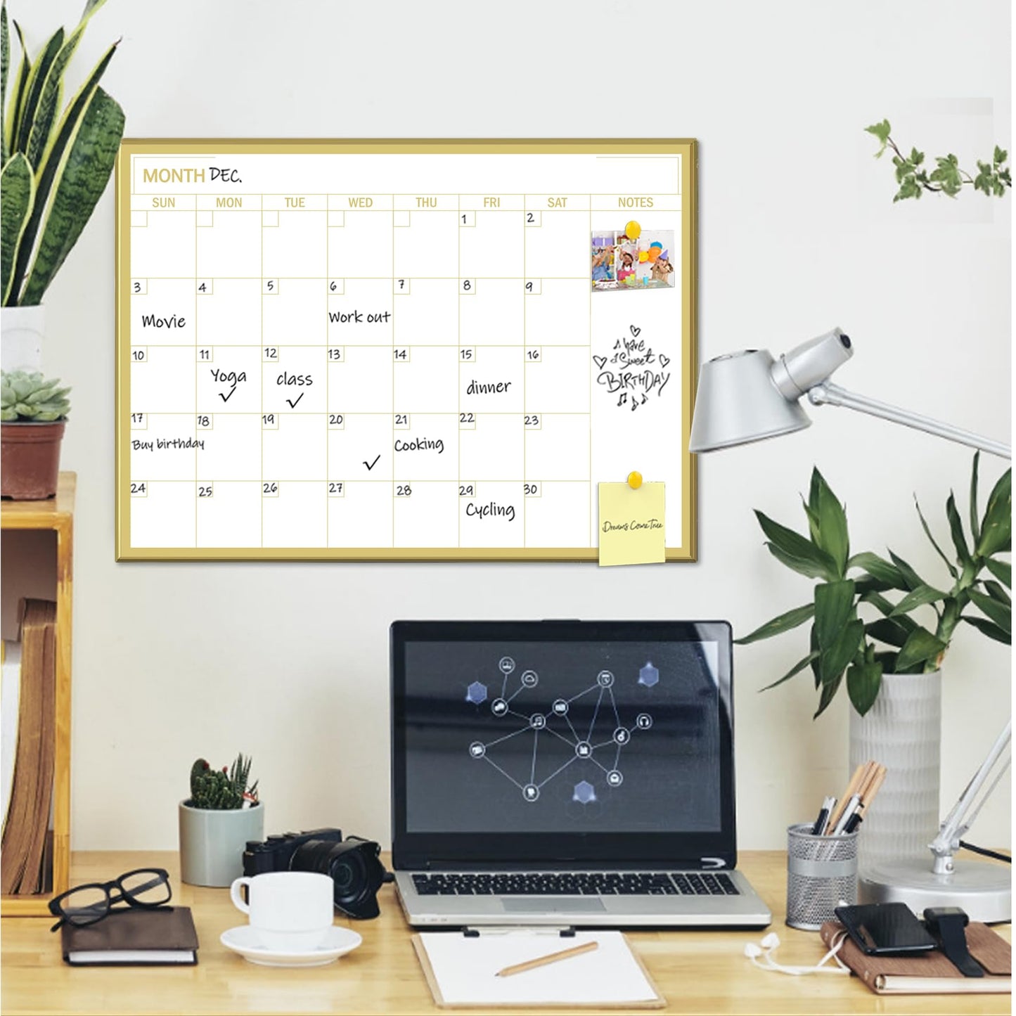 Marribol Gold Dry Erase Calendar Whiteboard for wall-60x45cm,Portable Aluminum Frame,Magnetic Calendar White Board,Wall Planner Dry Erase Board for Office, Kitchen, School, Home-GG-4560