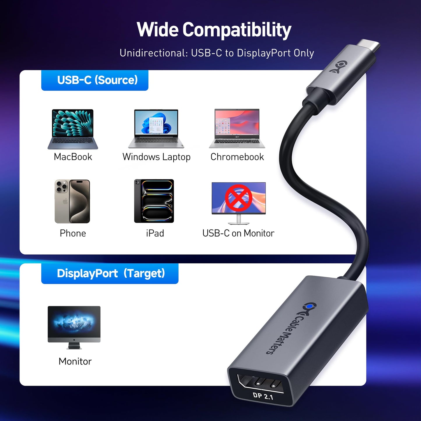Cable Matters 80Gbps USB C to DisplayPort 2.1 Adapter, 16K@60hz, 8K@240hz, 4K@960Hz and HDR Support - Thunderbolt 5/4, USB4 Compatible with VR Headset, MacBook Pro, iPad Pro, XPS, Surface Pro