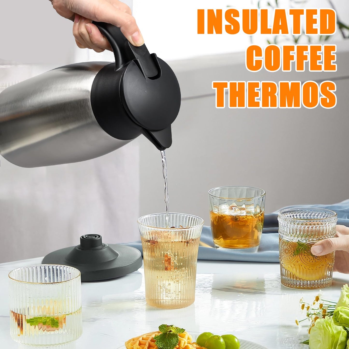 2 Pcs 68 oz Thermal Coffee Carafe Insulated Stainless Steel Coffee Carafe for Hot Liquids Vacuum Thermal Pot Creamer Carafe Dispenser with Brushes Keeping Hot 12 Hours (Silver, Black)