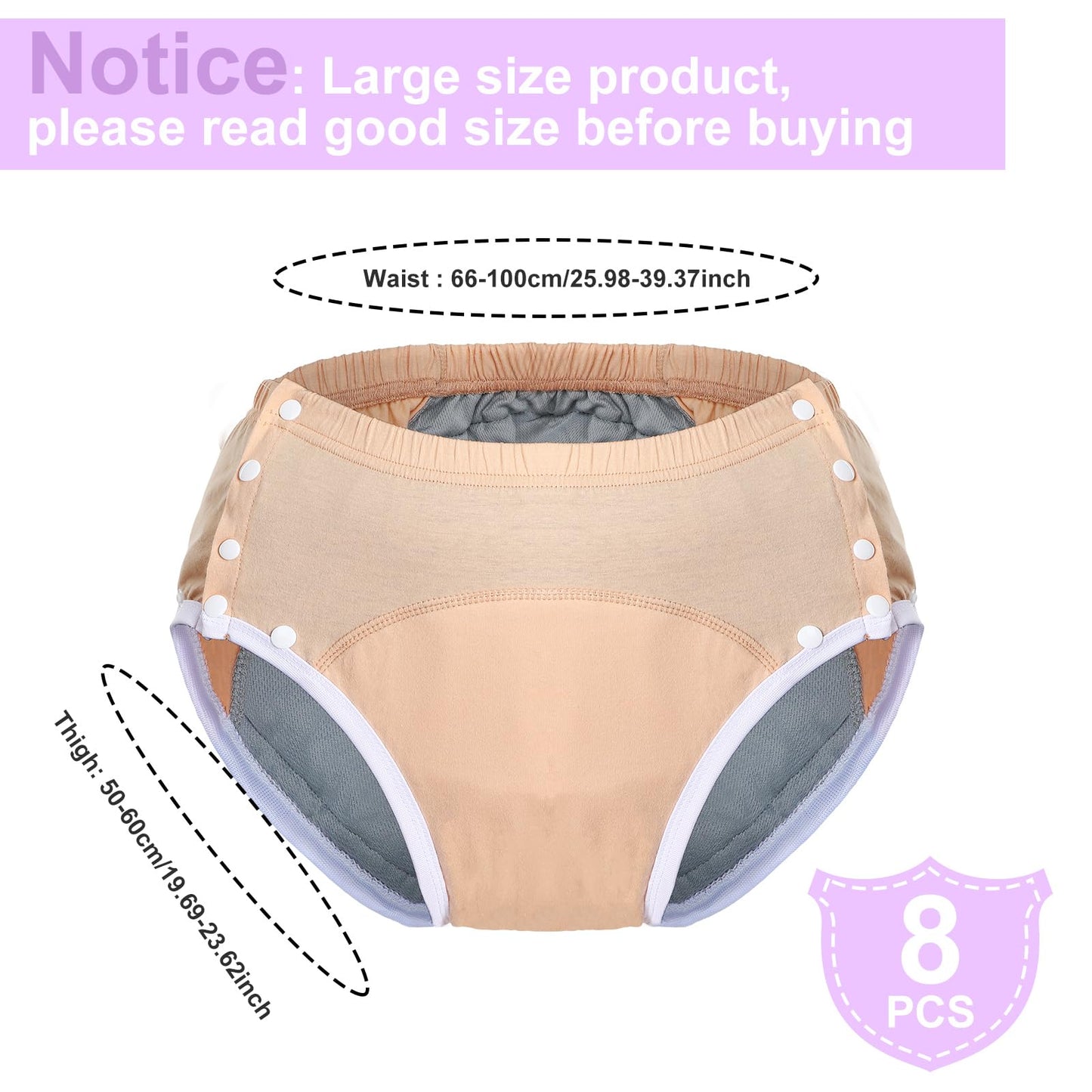 Timgle 8 Pcs Reusable Adult Diapers for Women Incontinence Adults Leak Proof Cotton Cloth Underwear Washable Absorbency Underpants Briefs Overnight Urinary Incontinence Underwear(Large)