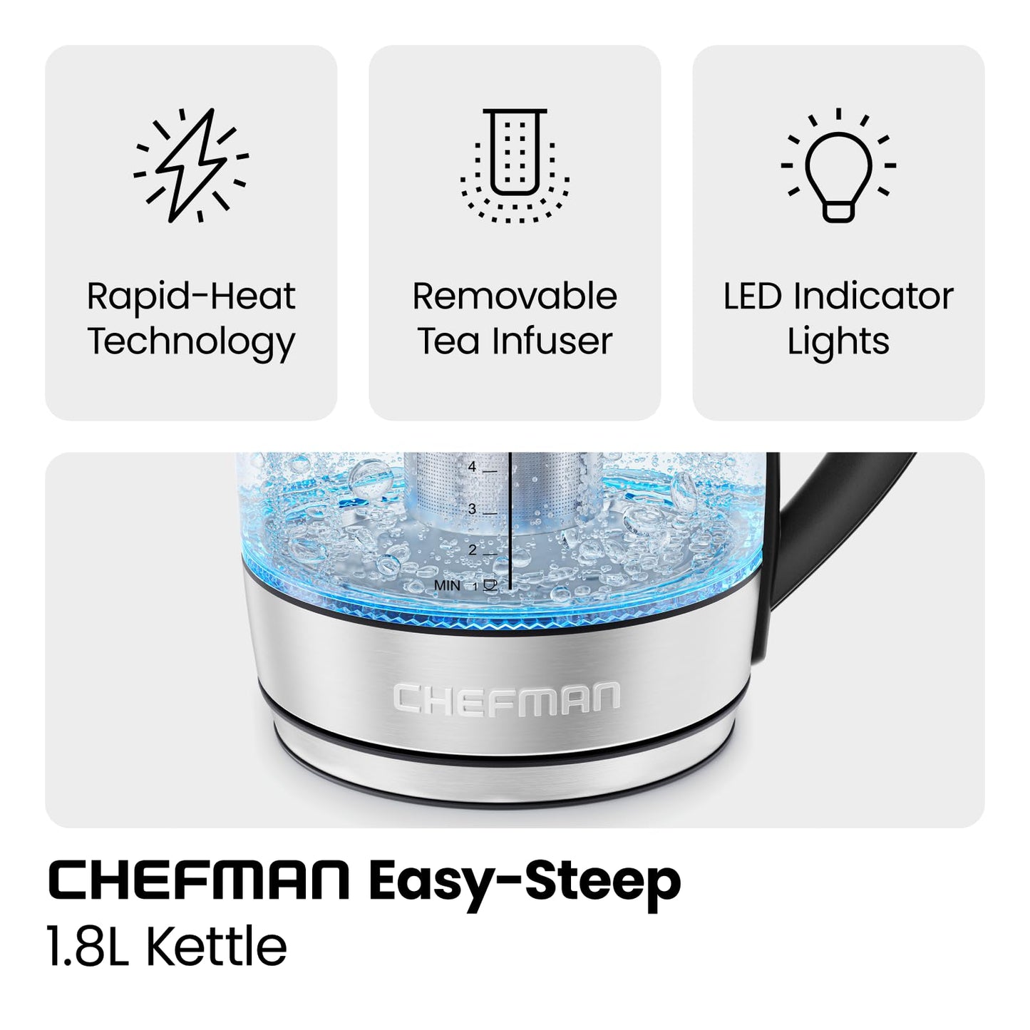 Chefman Electric Kettle for Boiling Water, 1.8L 1500W, Removable Tea Infuser, Auto Shut Off, Boil-Dry Protection, BPA Free, Borosilicate Glass, Hot Water Boiler, Electric Tea Kettle - Stainless Steel