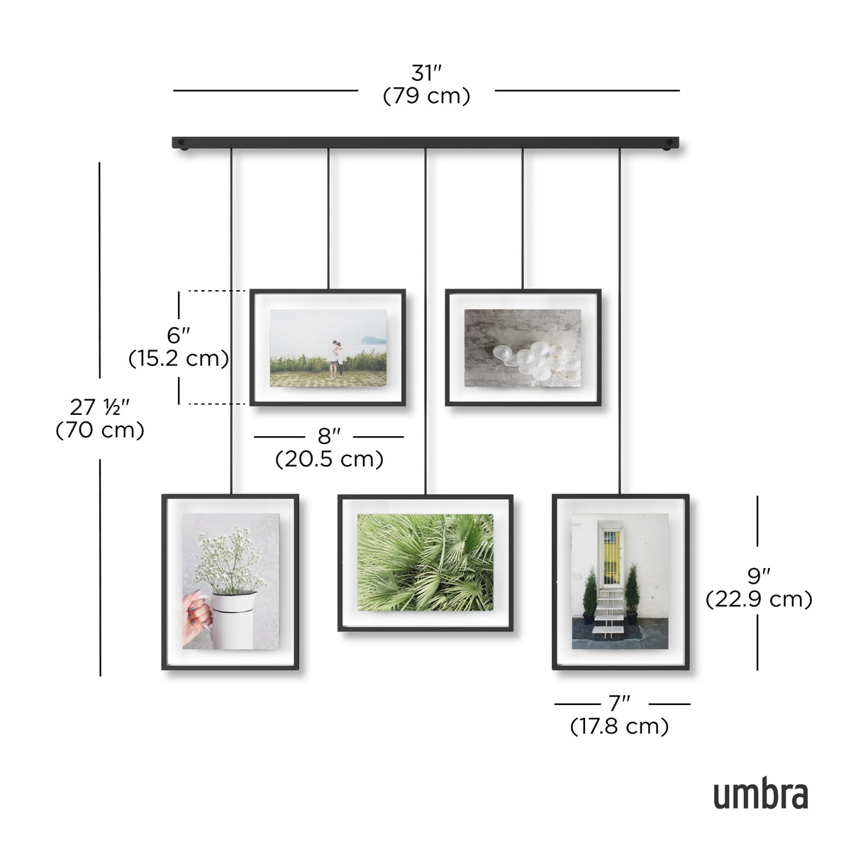 Umbra Exhibit Picture Frame Gallery Set, Adjustable Wall Collage Displays Five Photos (Two 4x6" and Three 5x7"), Set of 5, Black