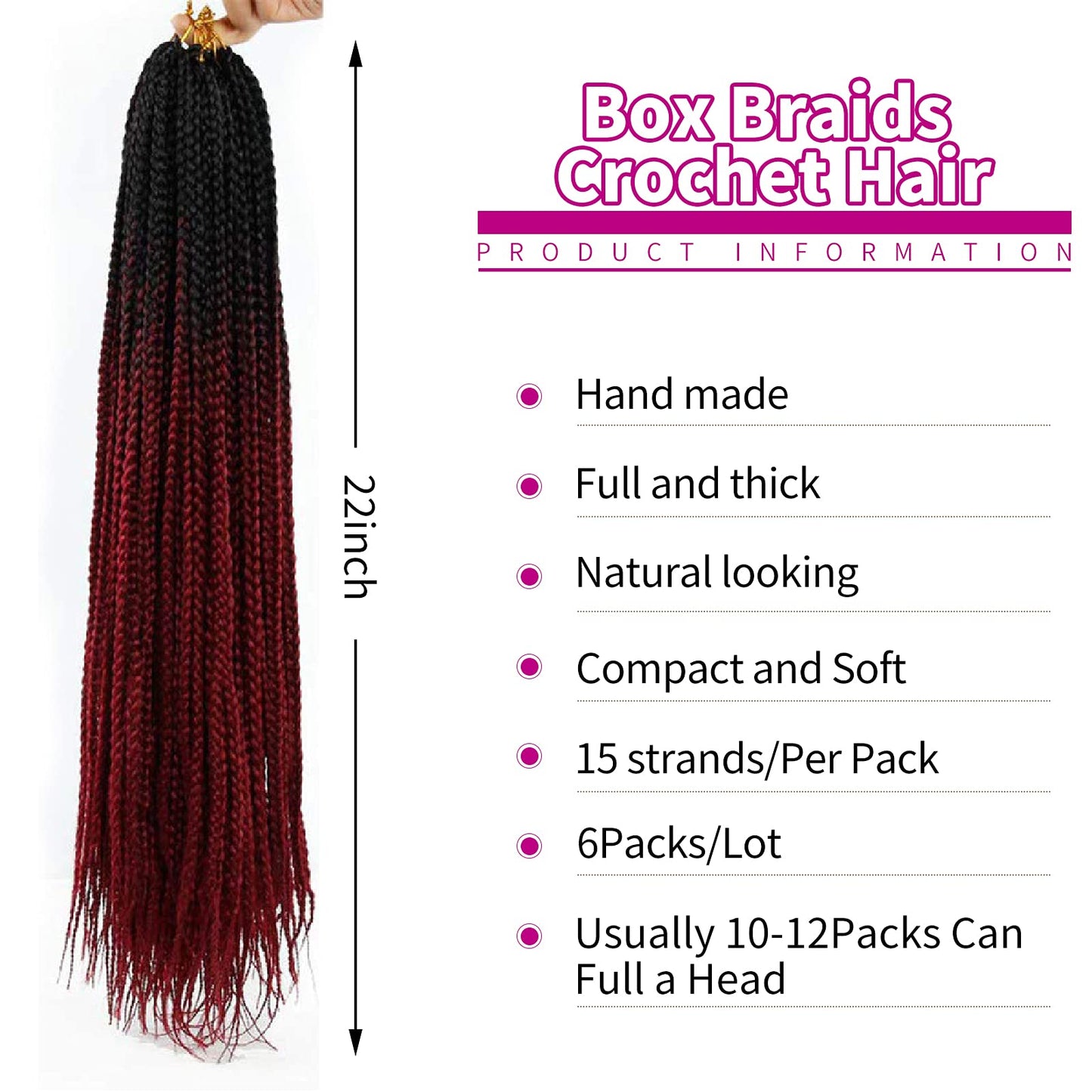 6 Packs Box Braids Crochet Hair Crochet Box Braids Pre-looped Synthetic Hair Crotchet Box Braids Hair 22 Inch (ombre wine red, 22inch)