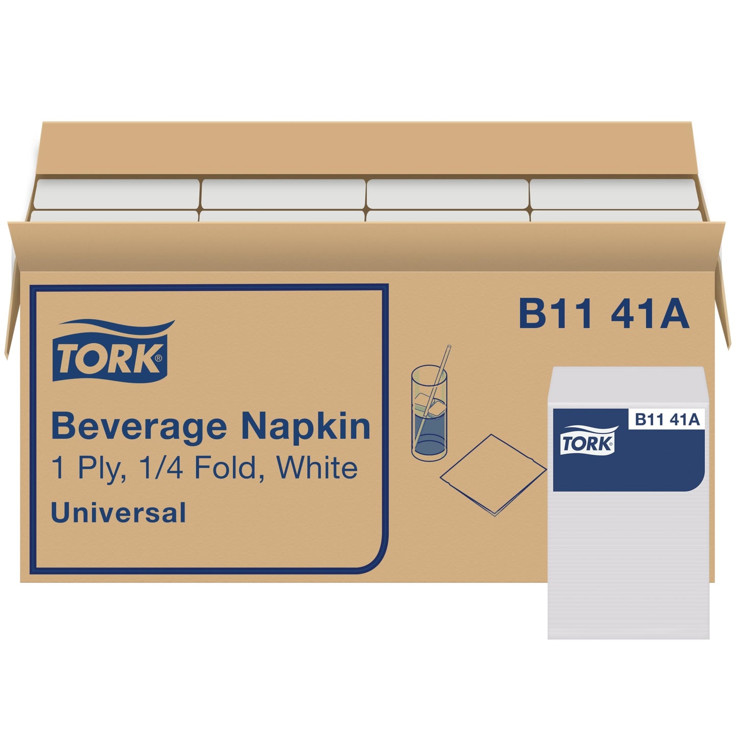 Tork Universal B1141A Beverage Napkin, 1-Ply, 1/4 Fold, 9.38" Width x 9.38" Length, White (Case of 8 Packs, 500 per Pack, 4,000 Napkins)