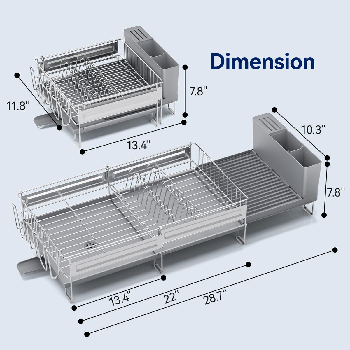 Pantasia Stainless Steel Dish Drying Rack - Expandable Dish Racks for Kitchen Counter Organizer with Drain Board, Detachable Utensil & Cup Holder, Dish Drainer for Small Kitchen Counter, Grey
