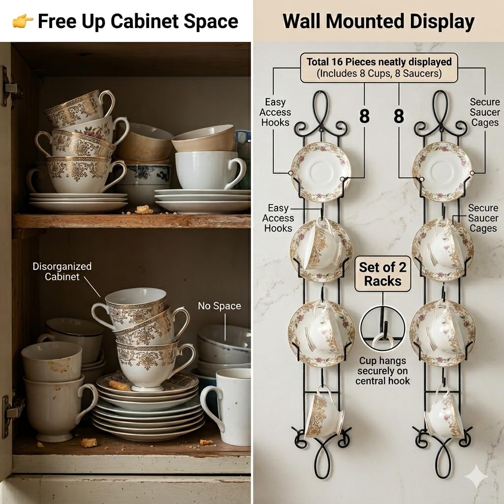 HOHIYA Wall Mounted Tea Cup Display Rack 2 Pack Vertical Metal Teacup and Saucer Holder for China Cups Coffee Mugs and Small Plates Kitchen Storage and Display Organizer Black