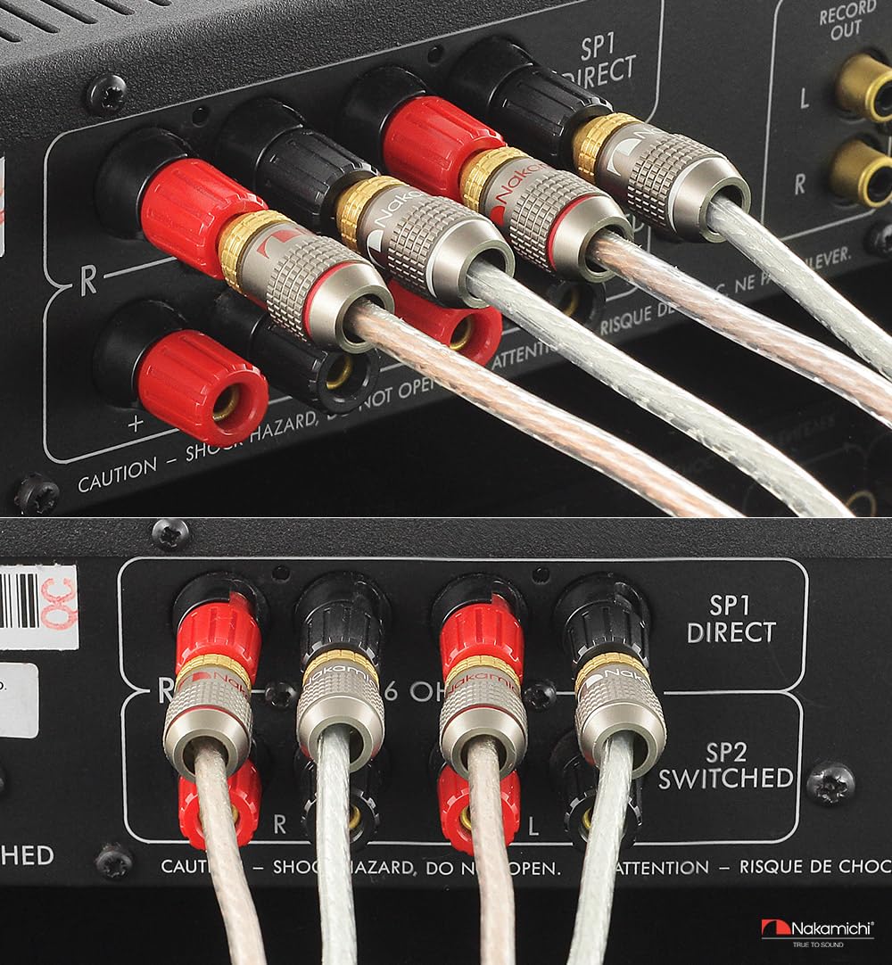 Nakamichi FanLock Excel Series 24k Gold Plated Banana Plug 10 AWG - 18 AWG Gauge Size 4mm for Speakers Amplifier Hi-Fi Stereo Home Theatre Radio Audio Wire Cable Quick Connector, 16 Pcs (8-Pairs)