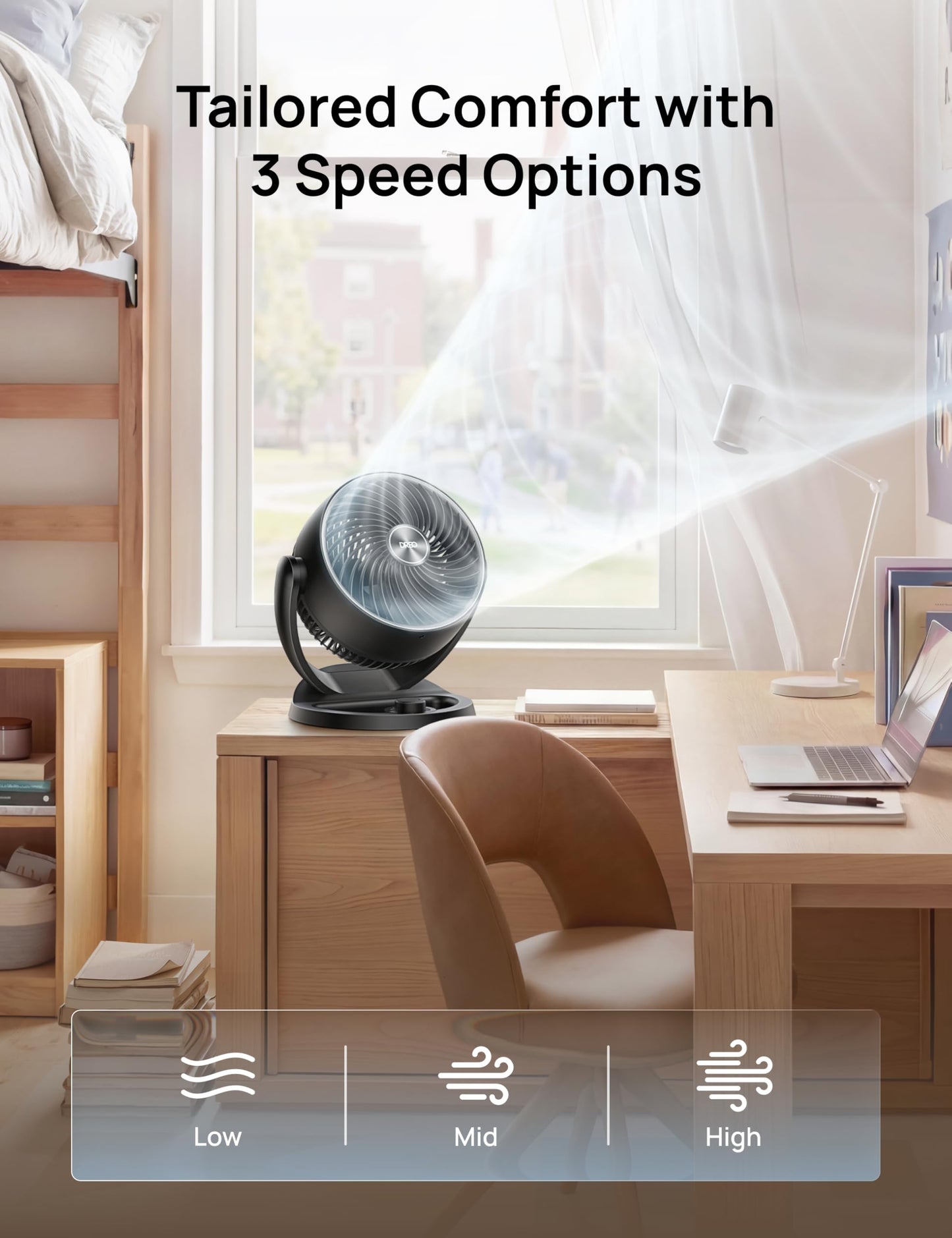 DREO Fan for Bedroom, 12 Inches, 70ft Powerful Airflow, 25db Quiet Table Air Circulator Fans for Whole Room, 120° Adjustable Tilt Desk Fan, 3 Speeds, Desktop Fan for Home, Office, Kitchen, RV